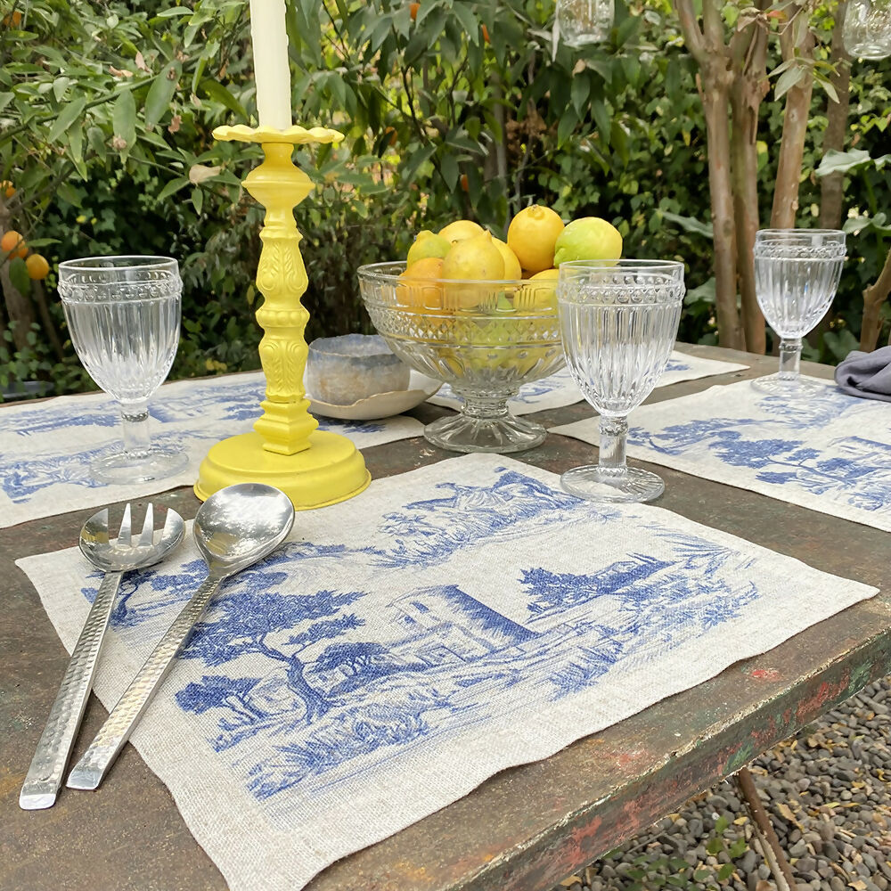 Set de Individuales Toile de Jouy Azul - Linet Natural,