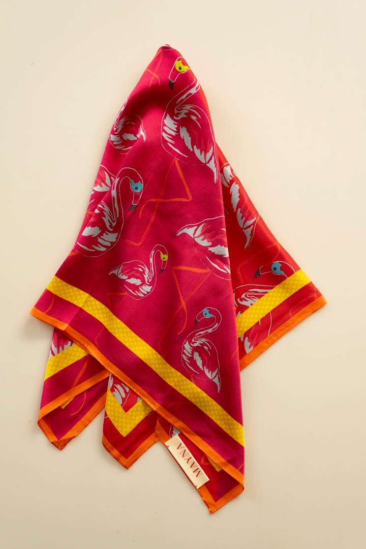 PAÑUELO 100% SEDA NATURAL MAYNA - FLAMENCOS ROJO