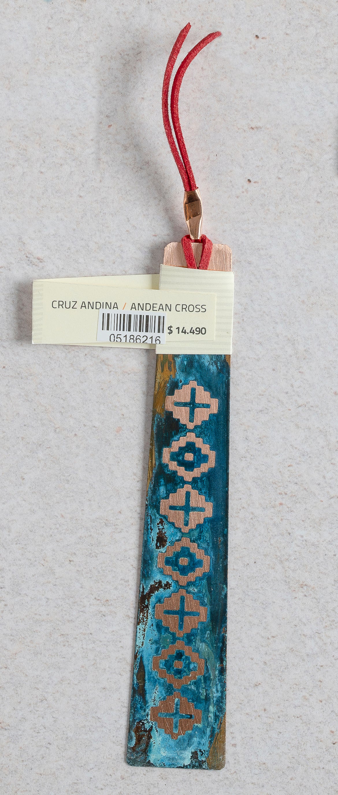 Marcapáginas cobre con lazo de cuero - Cruz Andina
