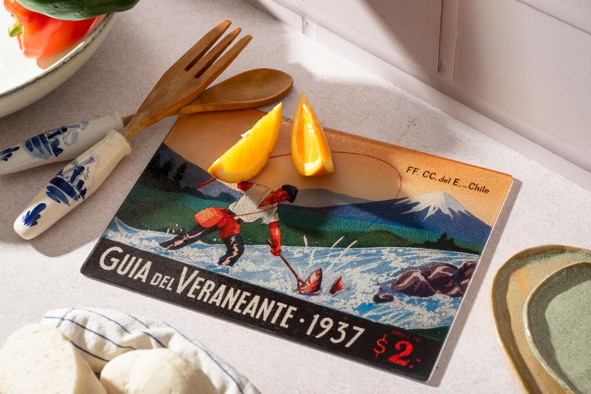 Tabla de Vidrio para Cortar 20 x 28 cm | Colección En Viaje de Memoria Chilena / Pesca