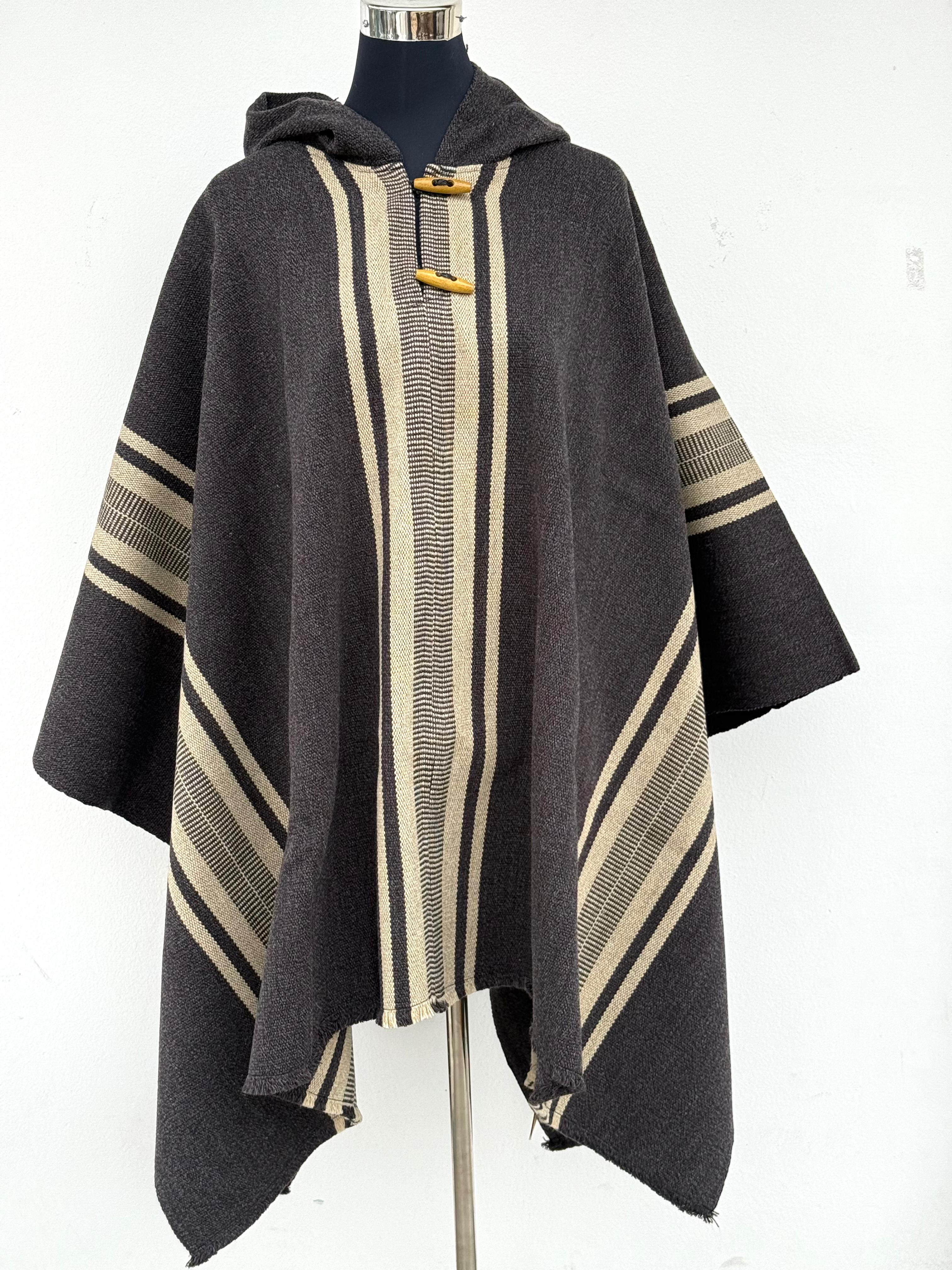 Poncho Peinecillo con Capucha -  Lana y Alpaca  - Marengo con Beige