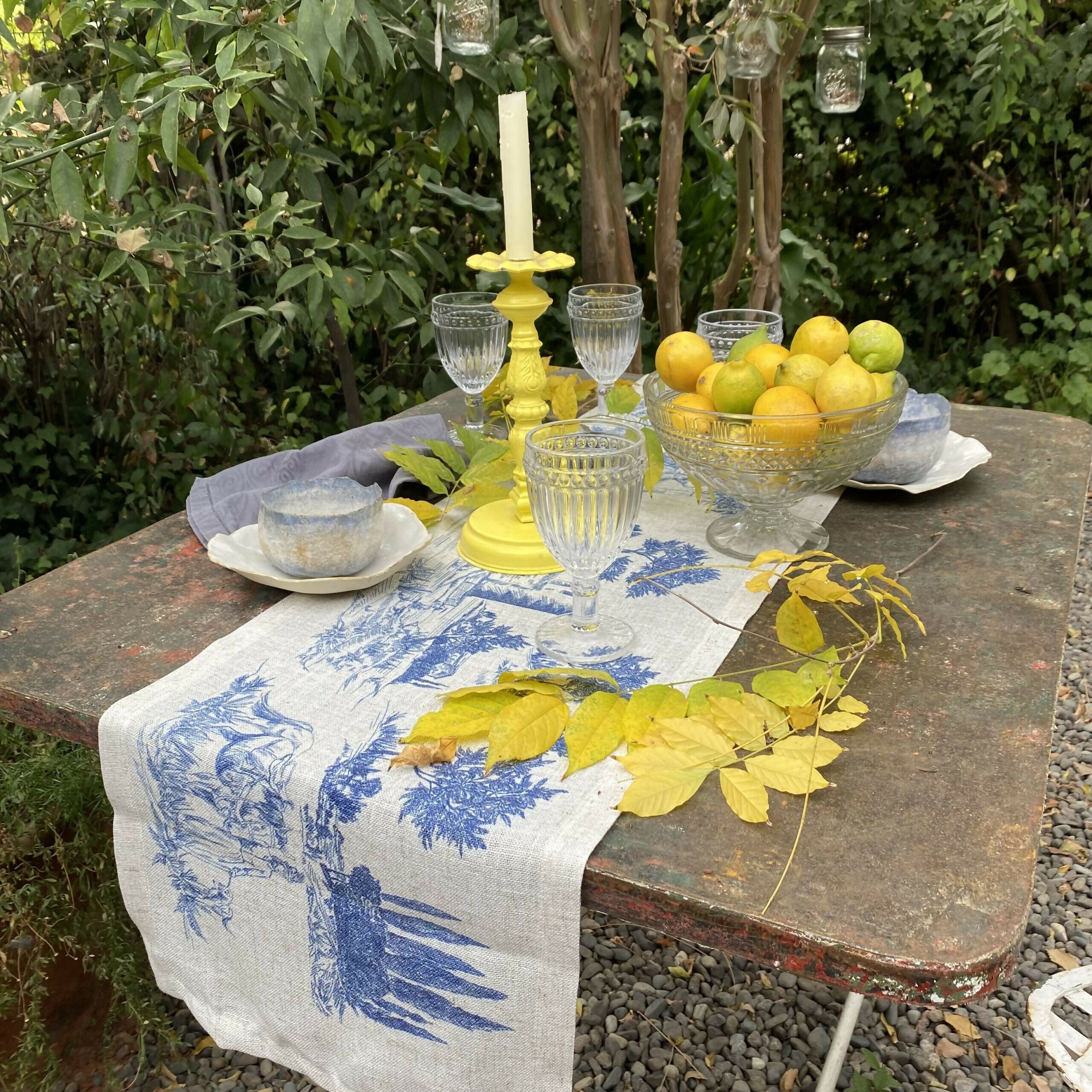 Camino de Mesa Toile de Jouy Azul - Linet Natural,