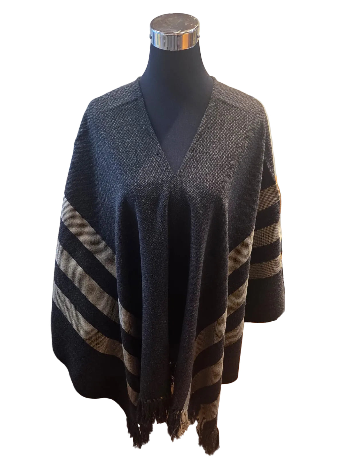 Poncho Flecos - Lana y Alpaca - Marengo Líneas Beige