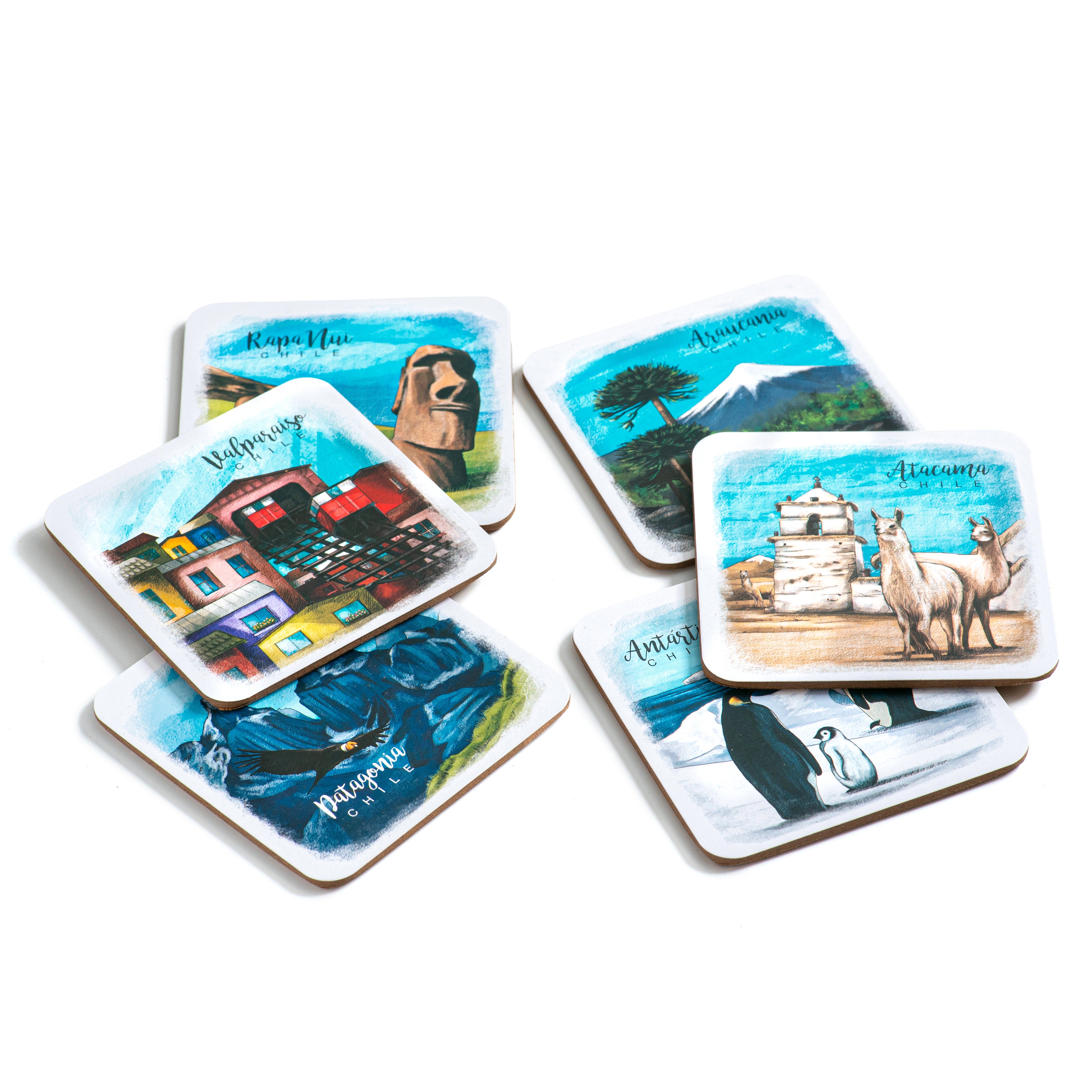 Set de 6 Posavasos diseños Paisajes de Chile