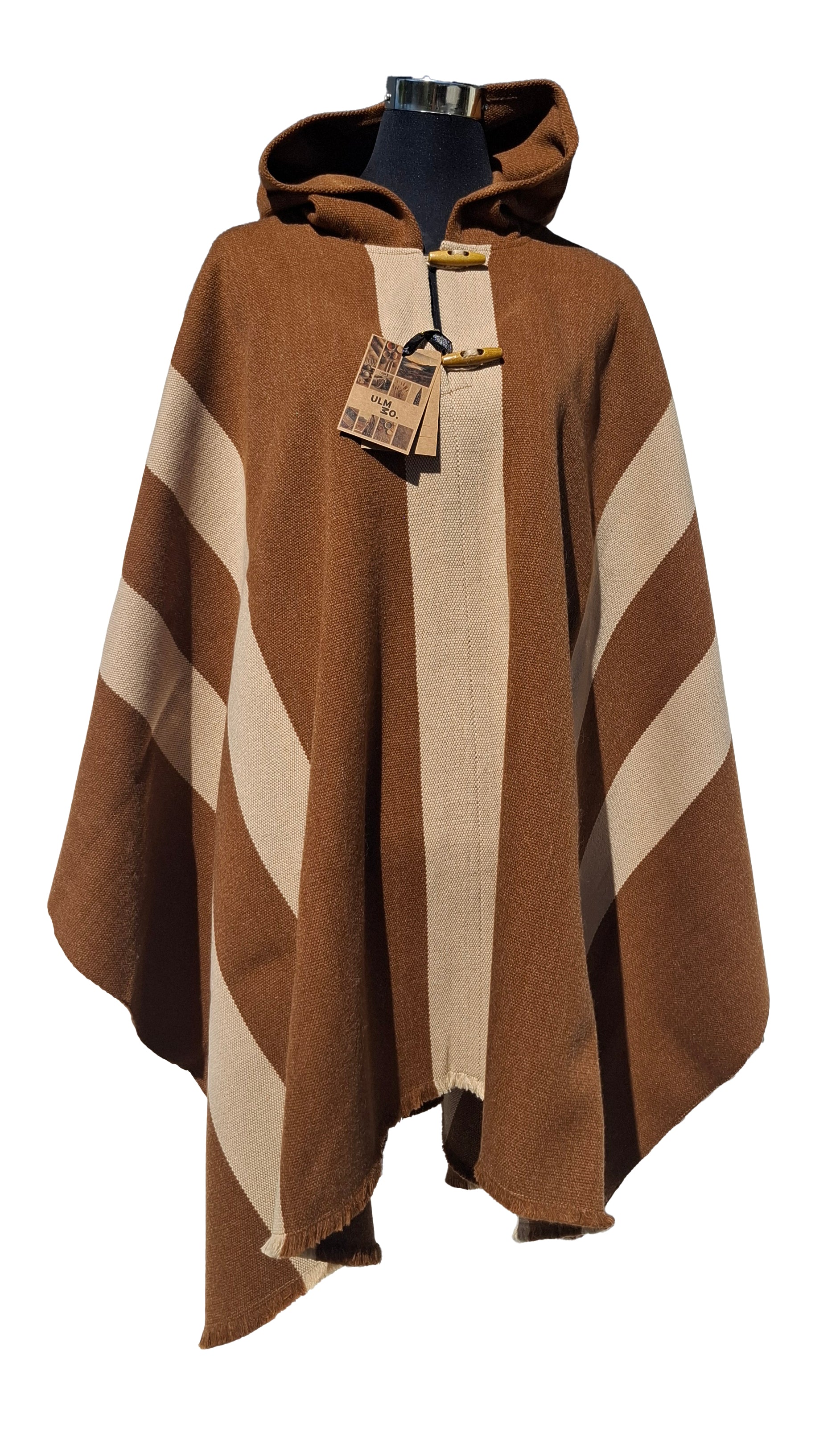 Poncho 5 Líneas con Capucha -  Lana y Alpaca-Vicuña con Beige