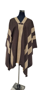 Poncho 5 Líneas Sin capucha   -  Lana y Alpaca-Café Moro Con Beige