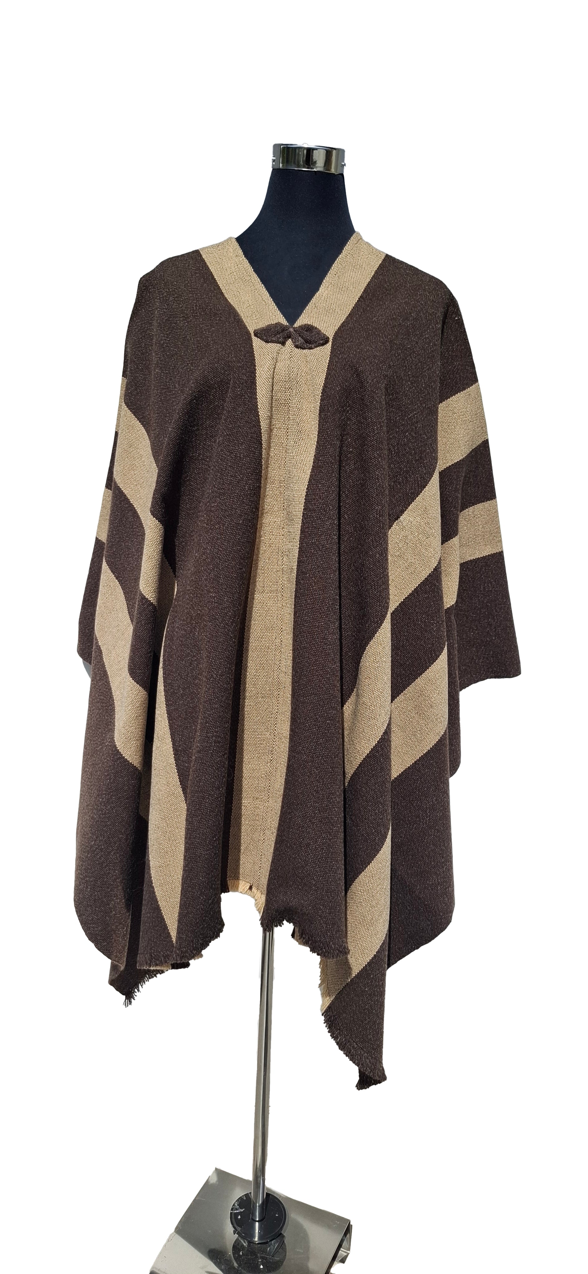 Poncho 5 Líneas Sin capucha   -  Lana y Alpaca-Café Moro Con Beige