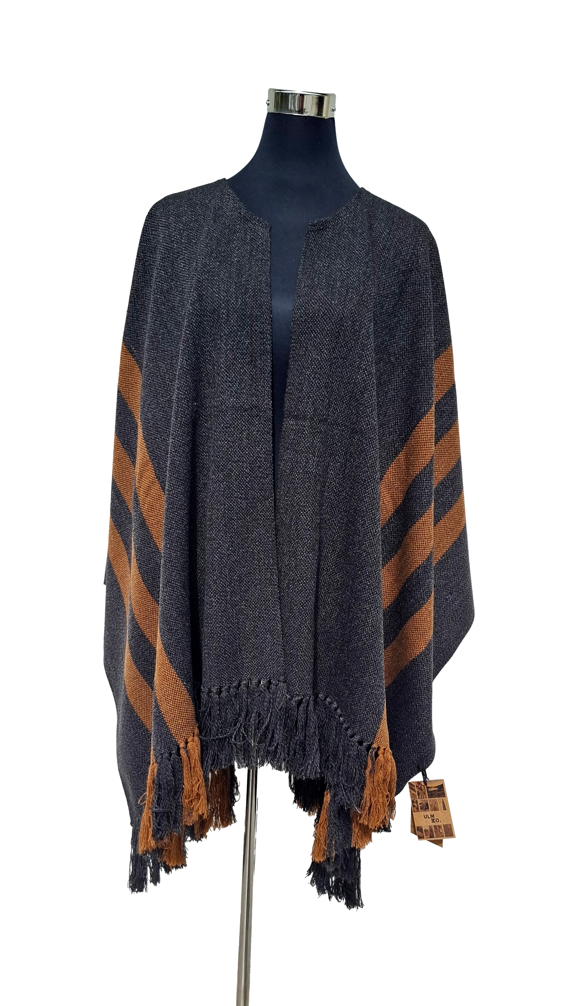 Ruana Flecos - Lana y Alpaca - Marengo con Líneas Camel