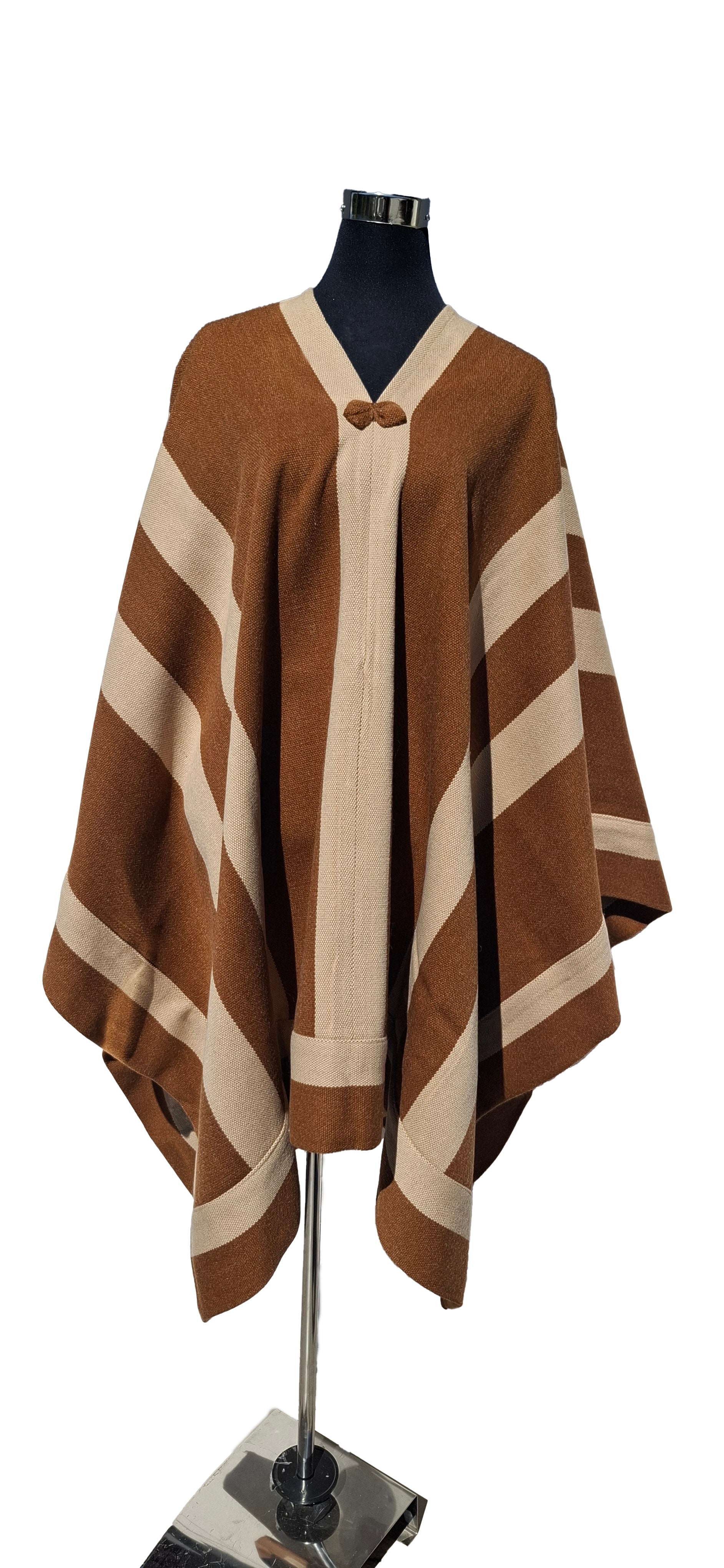 Poncho 5 Líneas con Borde Enhuinchado  -  Lana y Alpaca  - Camel Beige