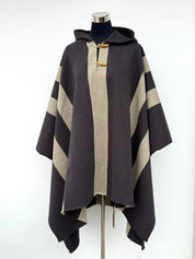 Poncho 5 Líneas con Capucha -  Lana y Alpaca  - Marengo con Beige