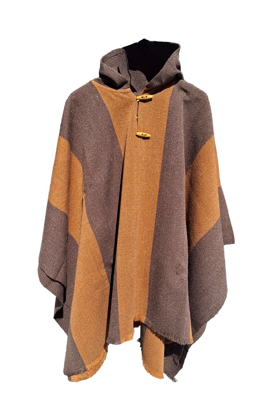 Poncho 5 Líneas con Capucha -  Lana y Alpaca  - Café Moro con Camel