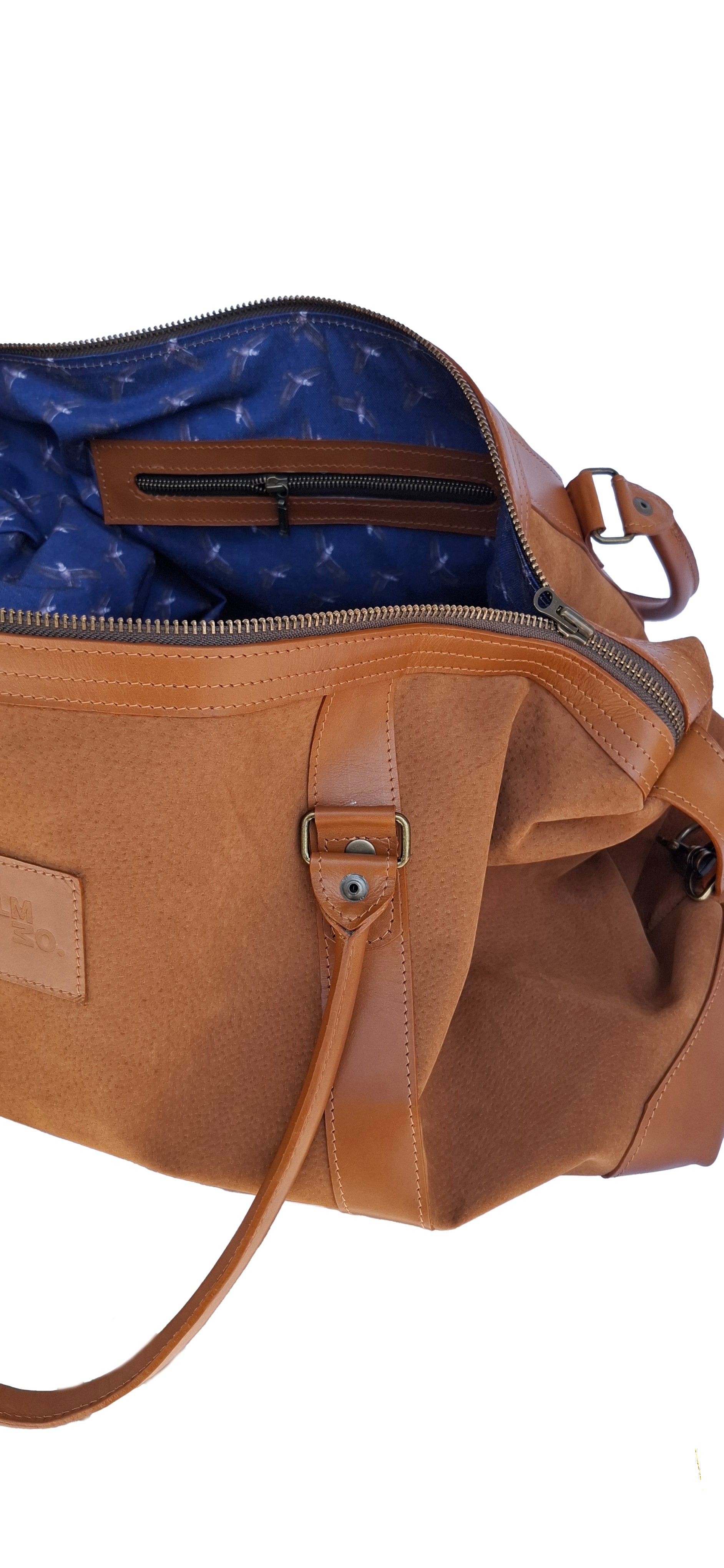 Bolso ULMMO Carpincho camel - forro cóndor azul