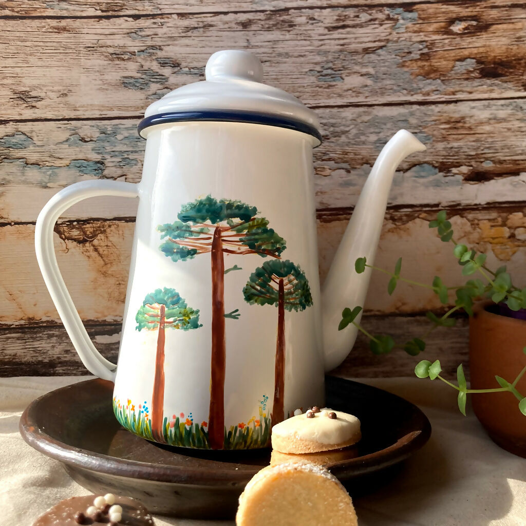 Tetera Enlozada Pintada a Mano - Bosque de Araucarias (1,2 L)