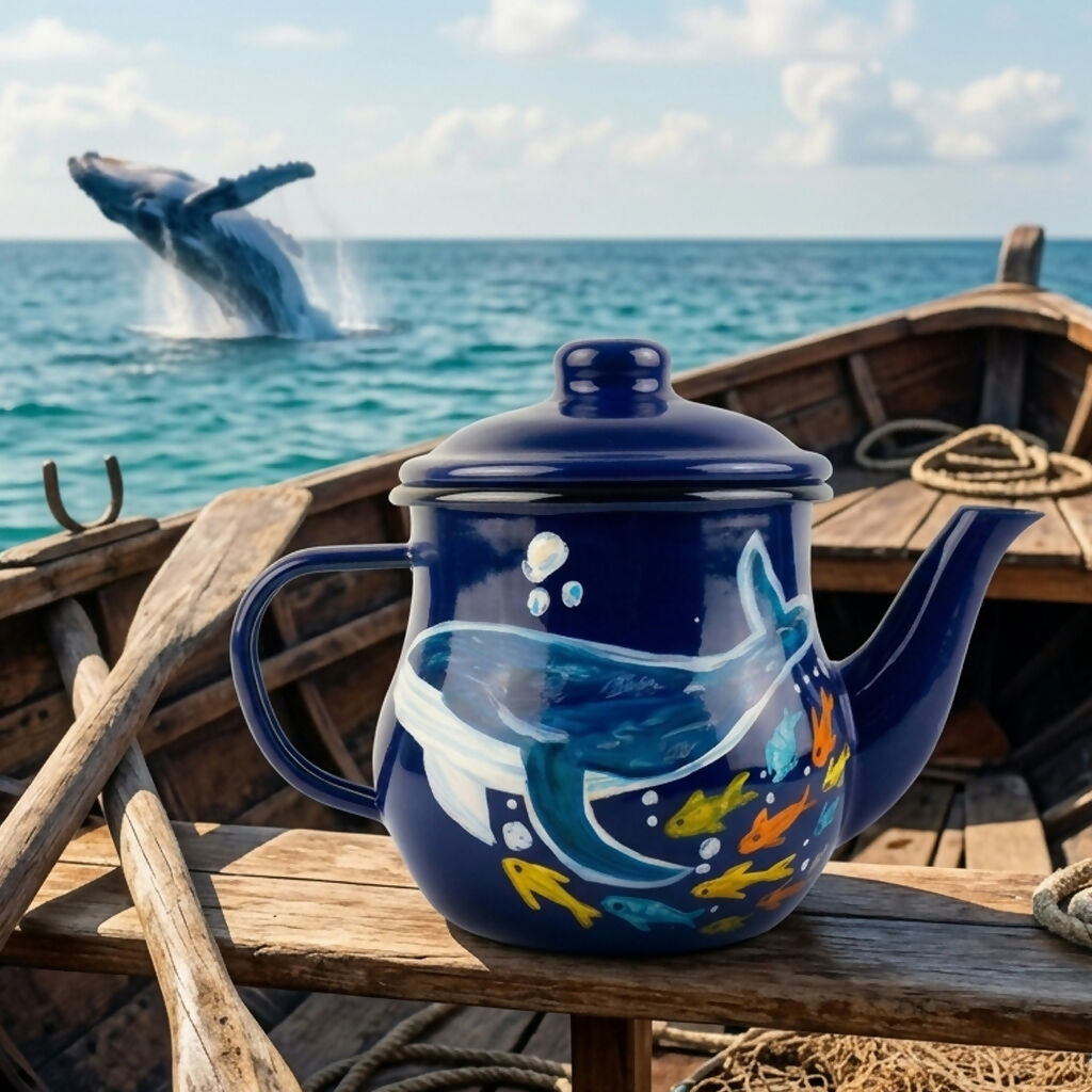Tetera Enlozada Pintada a Mano - Diseño: Ballena Azul (500cc)