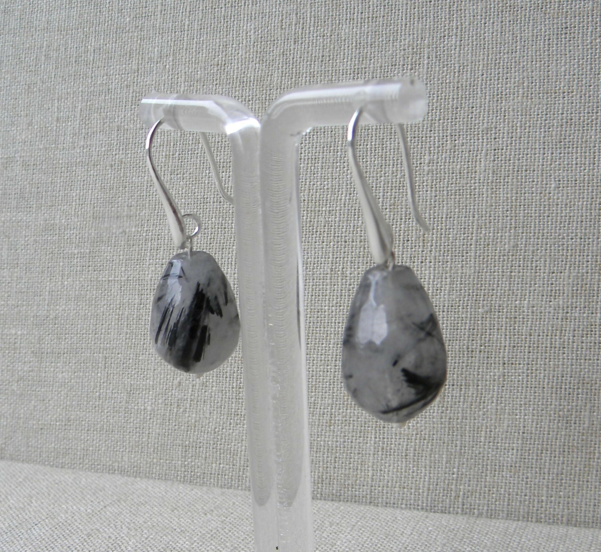 Aros plata gancho gota cuarzo turmalina