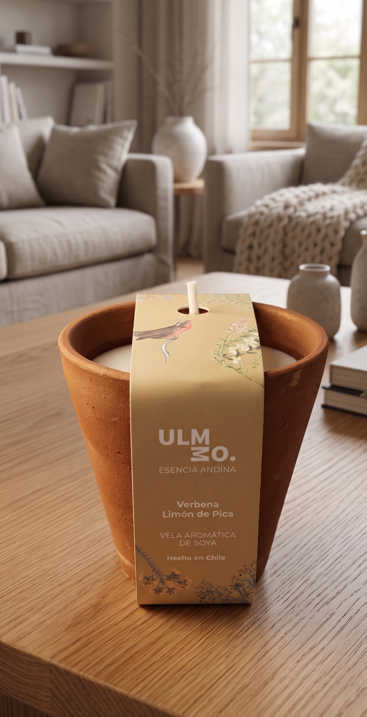 Vela Artesanal en Greda Verbena y Limón de Pica – Esencia Andina, Ulmmo