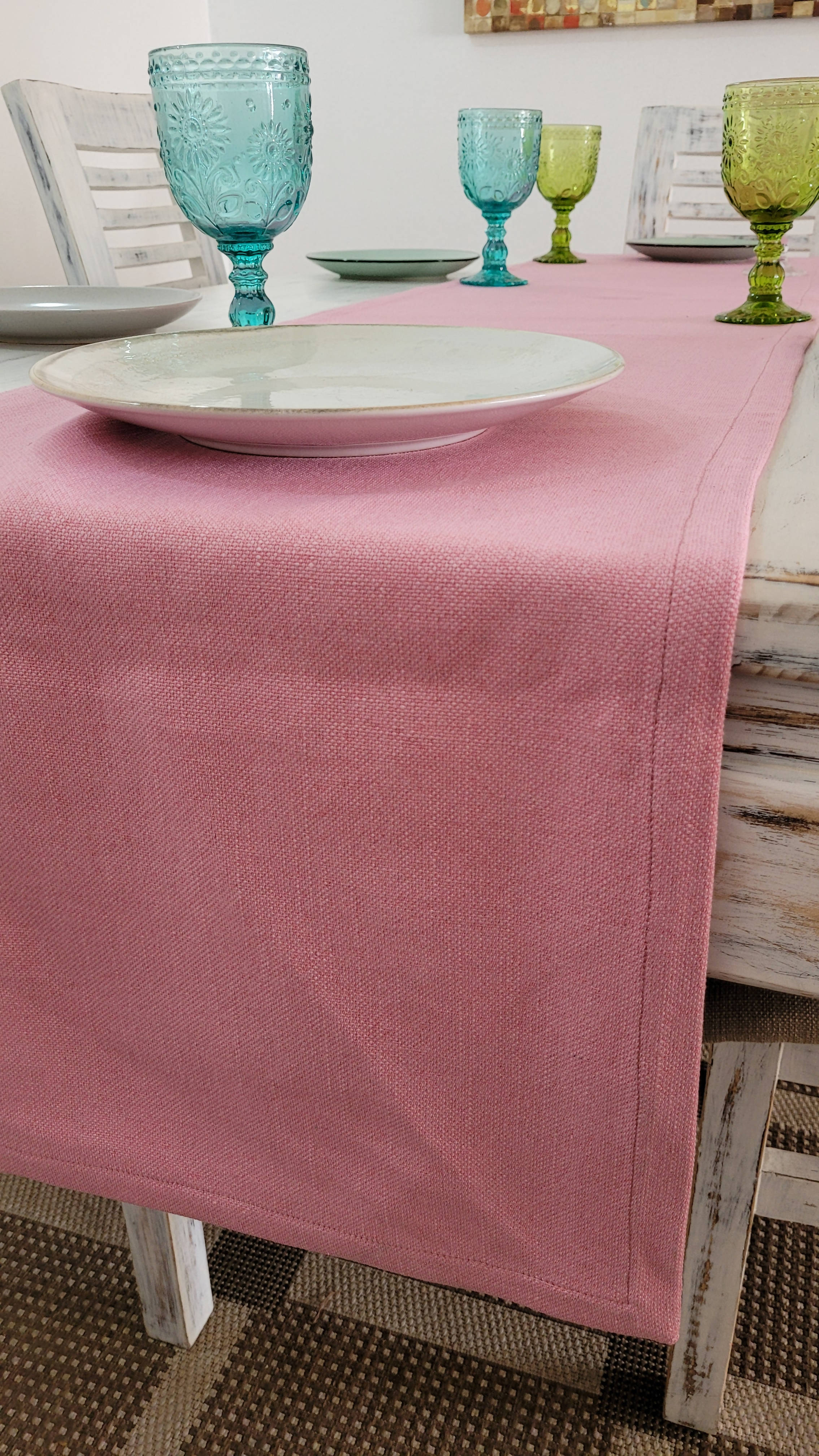 Camino de mesa de lino tono rosado pastel