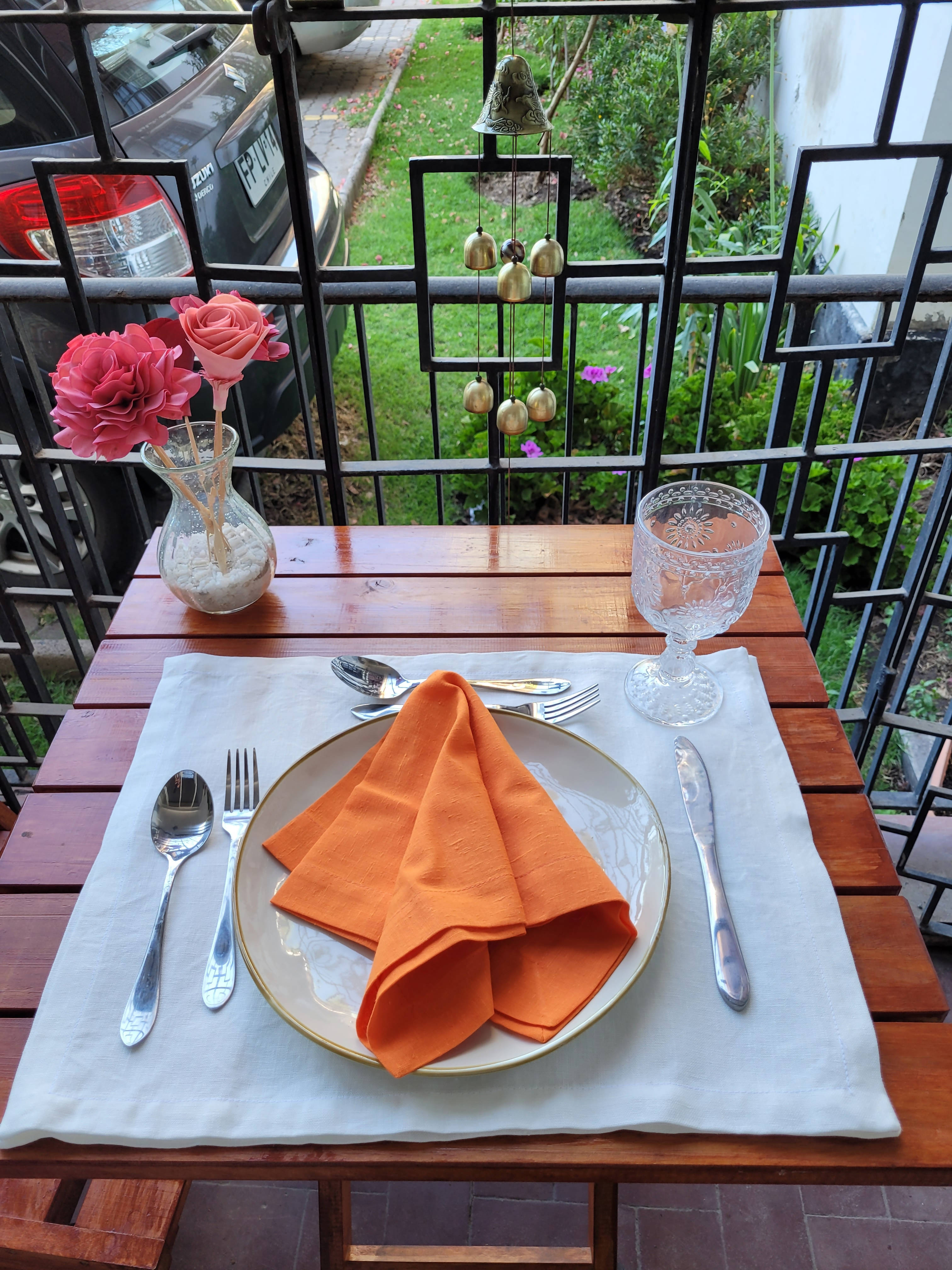 Servilletas lino poliester naranja ideal para terraza, pack de 4