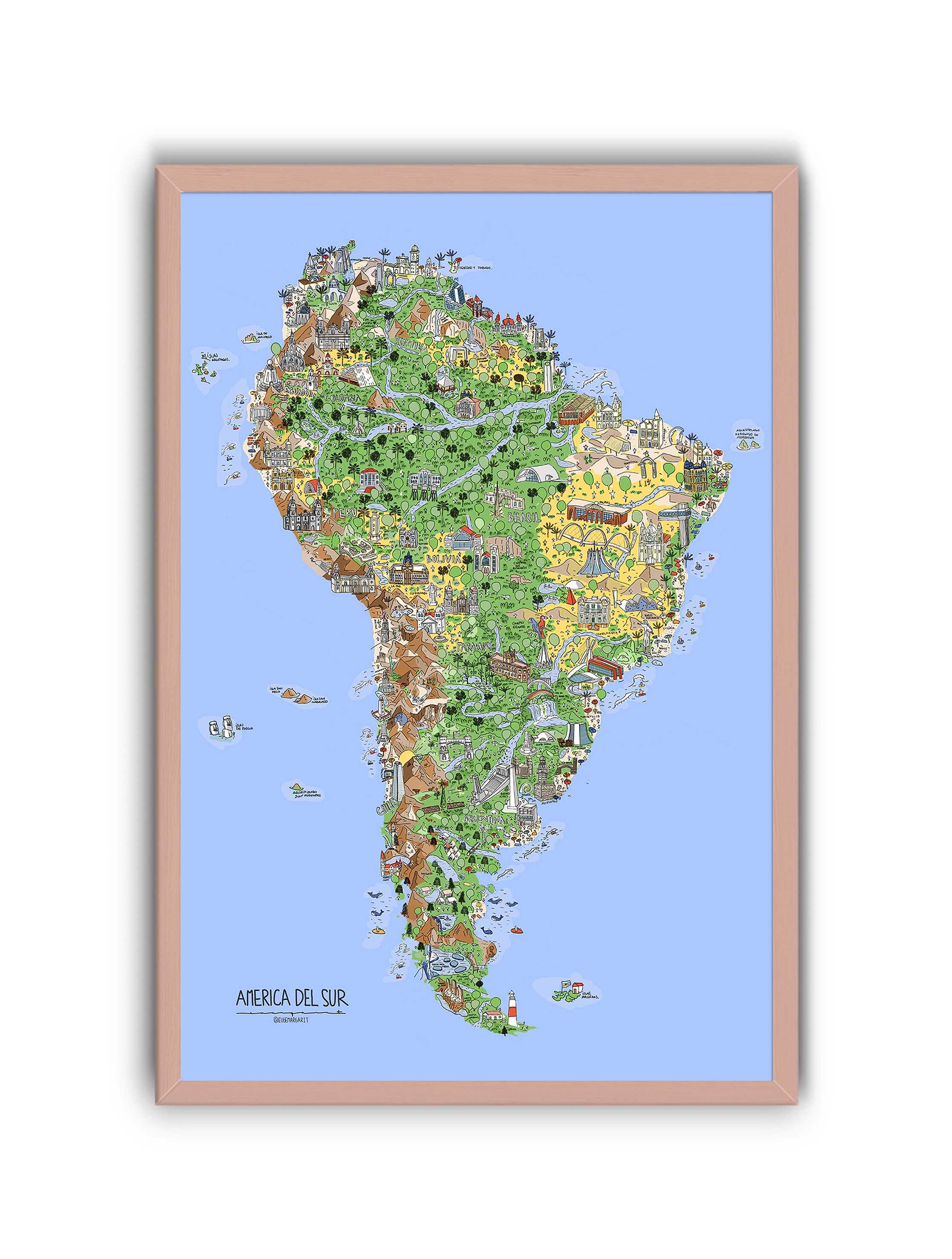 América del Sur Ilustrada - Enmarcada (Blanco, Negro o Color) - Mappin