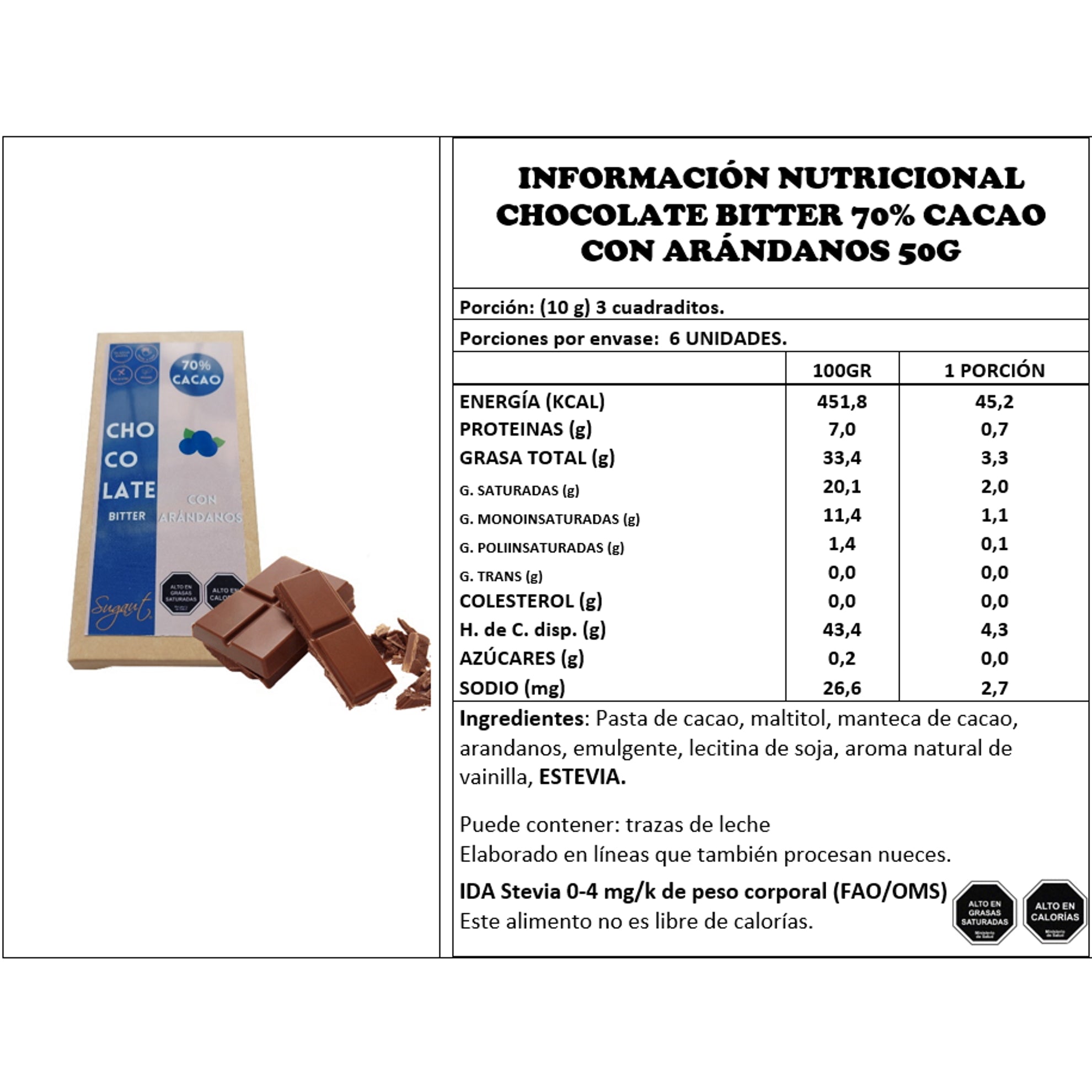 Chocolate Con Arándanos - 70% Cacao 50gr