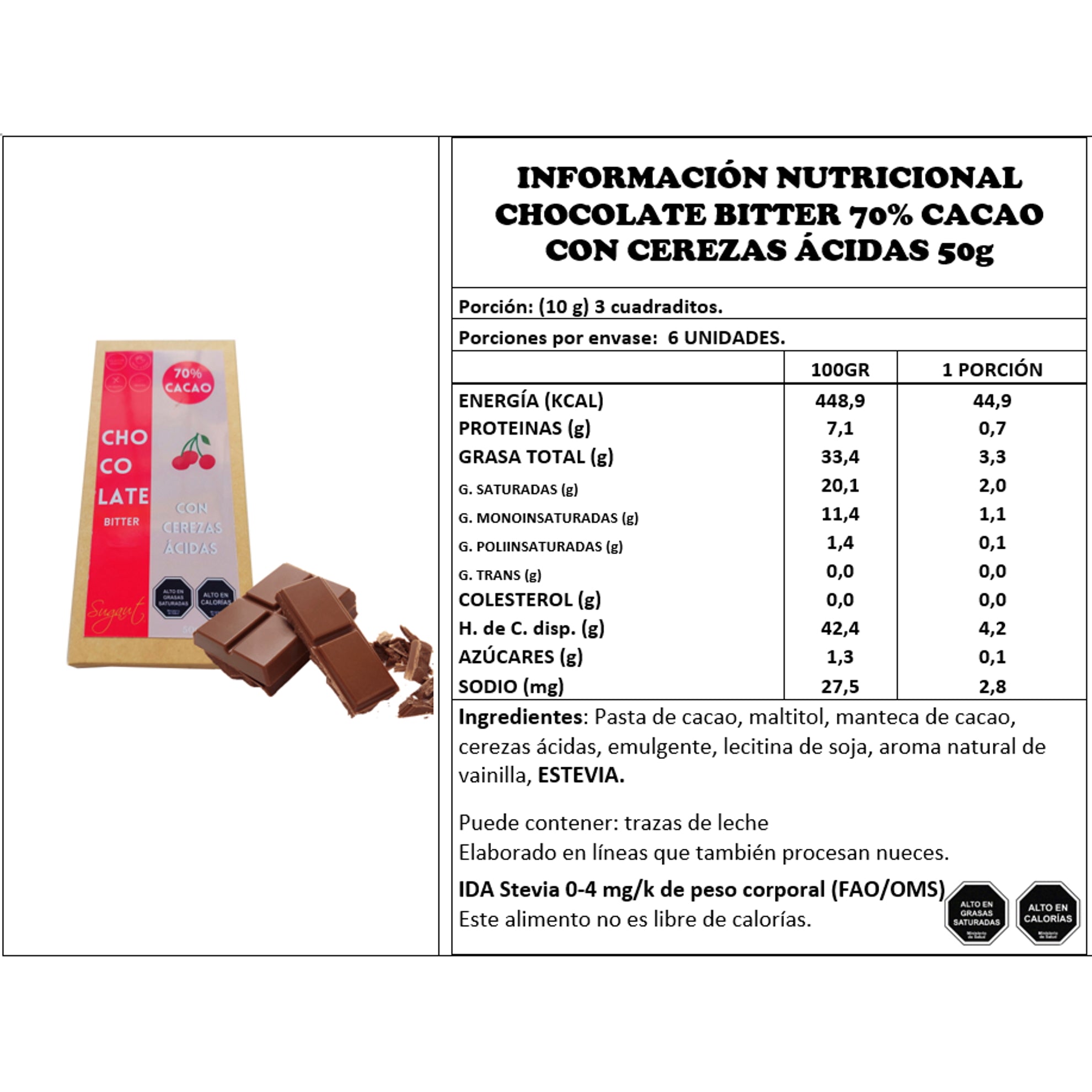 Chocolate Con Cerezas Ácidas- 70% Cacao 50gr
