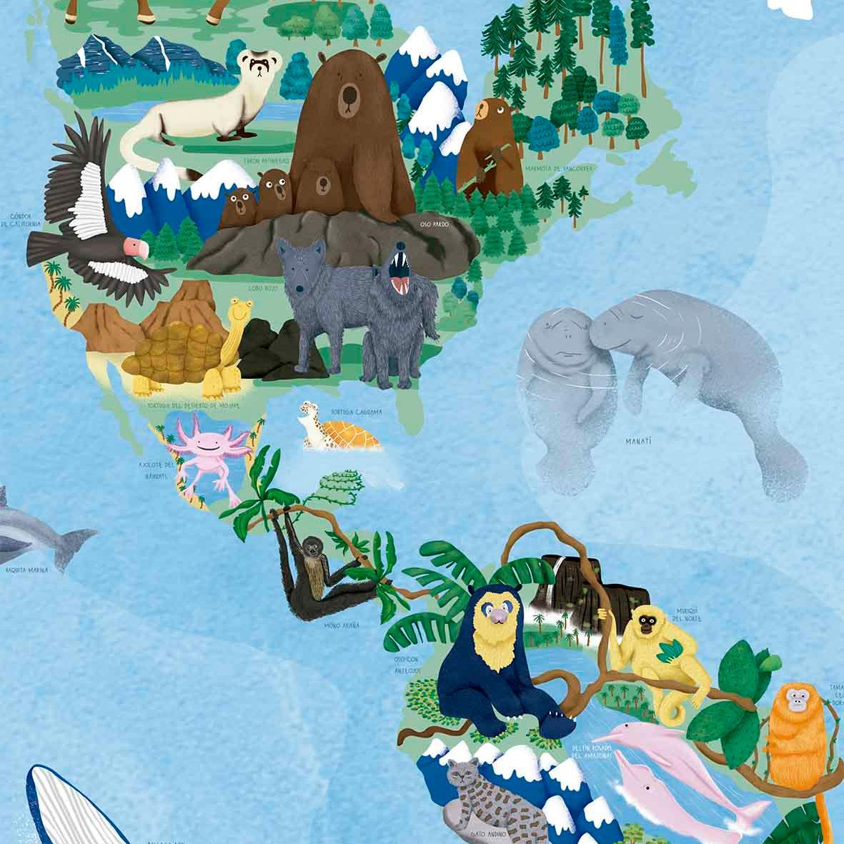 Mapa del Mundo de Animales en Peligro de Extinción - Lámina - Mappin