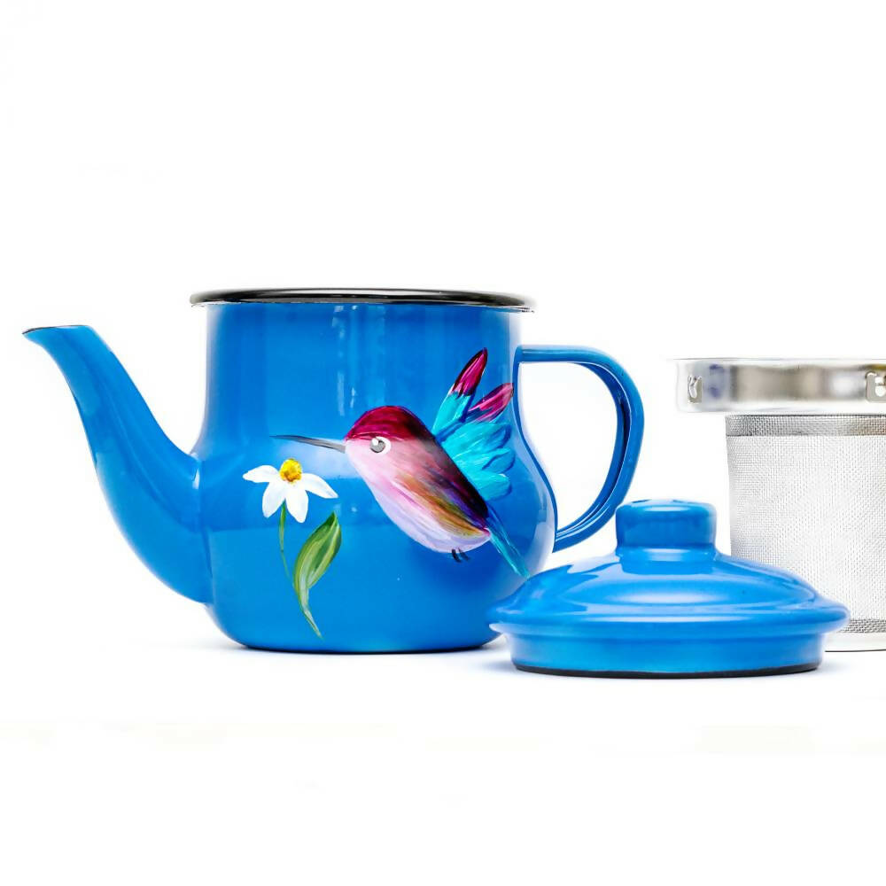 Tetera para te enlozada azul diseño colibri – Te de tetera