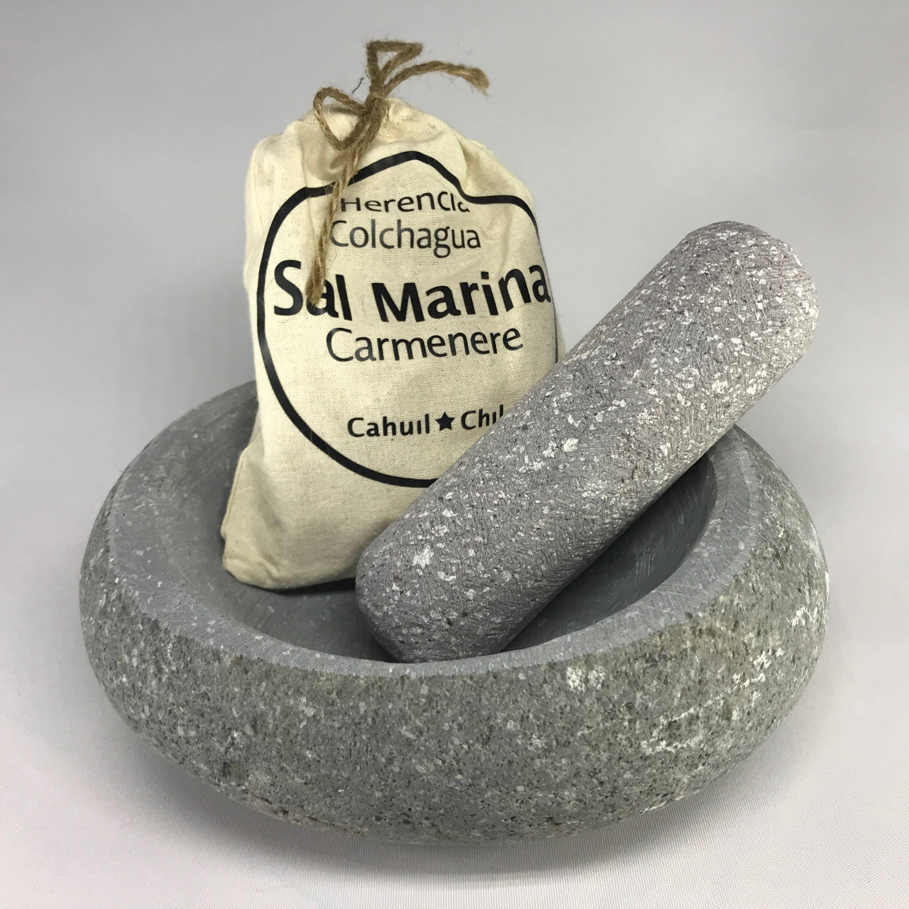 Mortero L de piedra de río 18-20 cm diámetro, incluye sal de cahuil y mazo.
