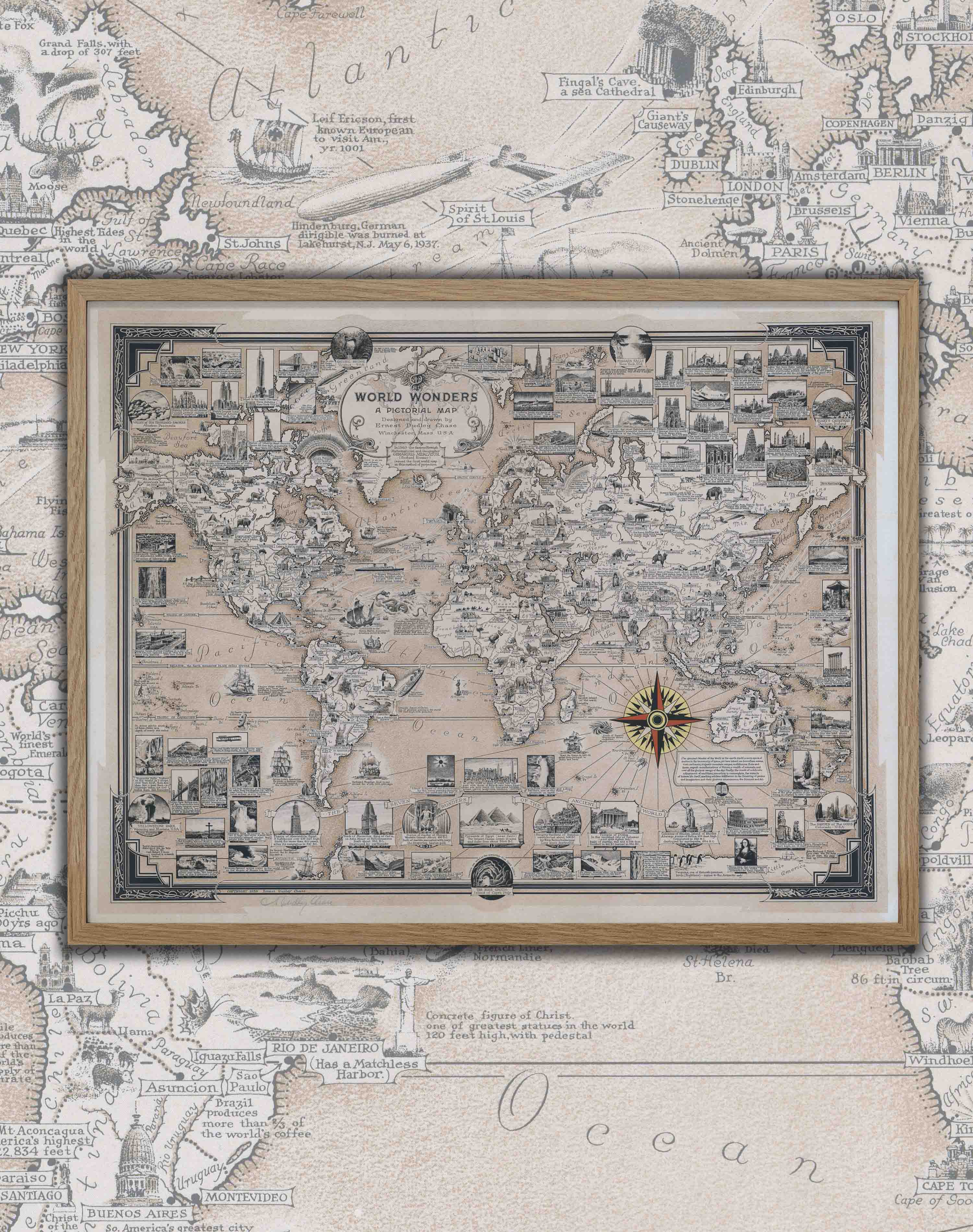 Mapa del Mundo de Maravillas Sepia - Enmarcado A PEDIDO