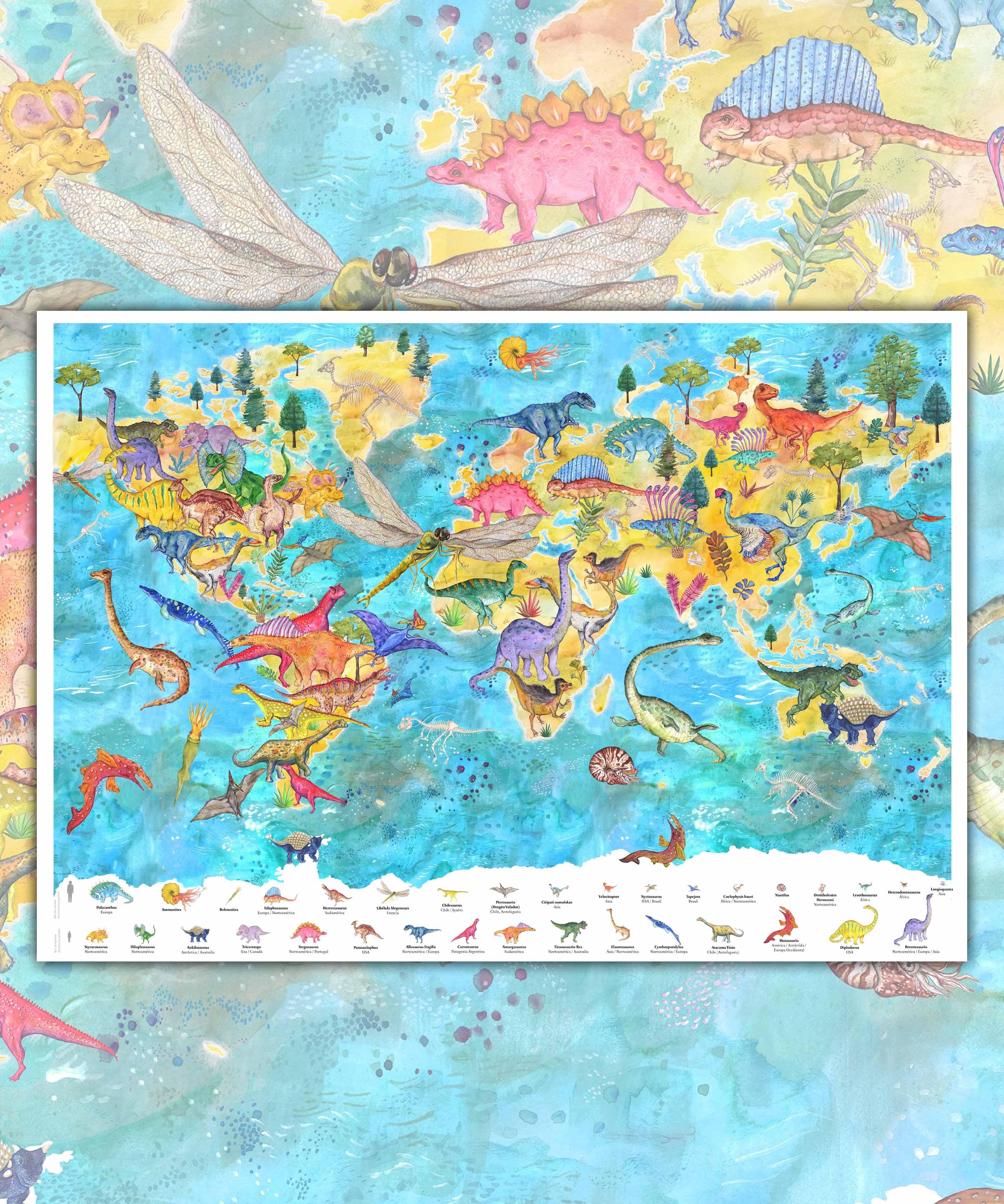 Mapa del Mundo de Dinosaurios - Lámina - Mappin