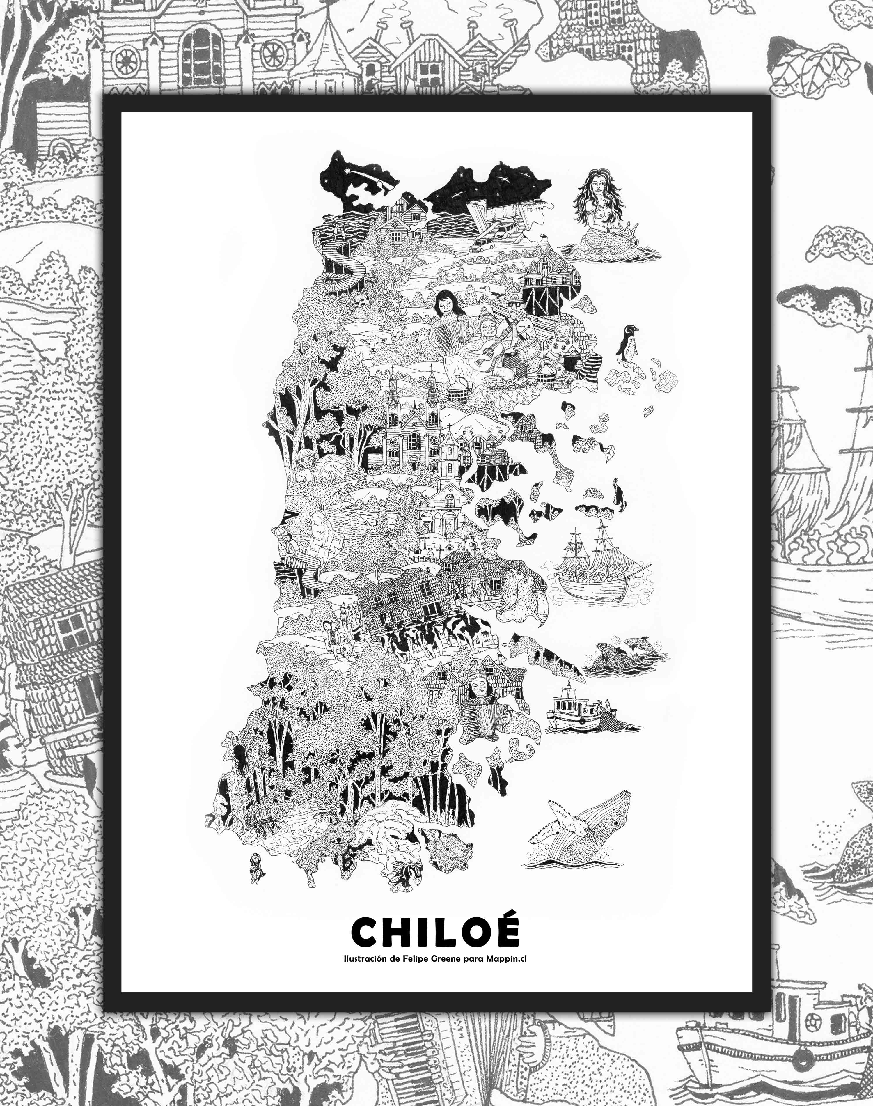 Mapa de Chiloé Ilustrado - Enmarcado A PEDIDO