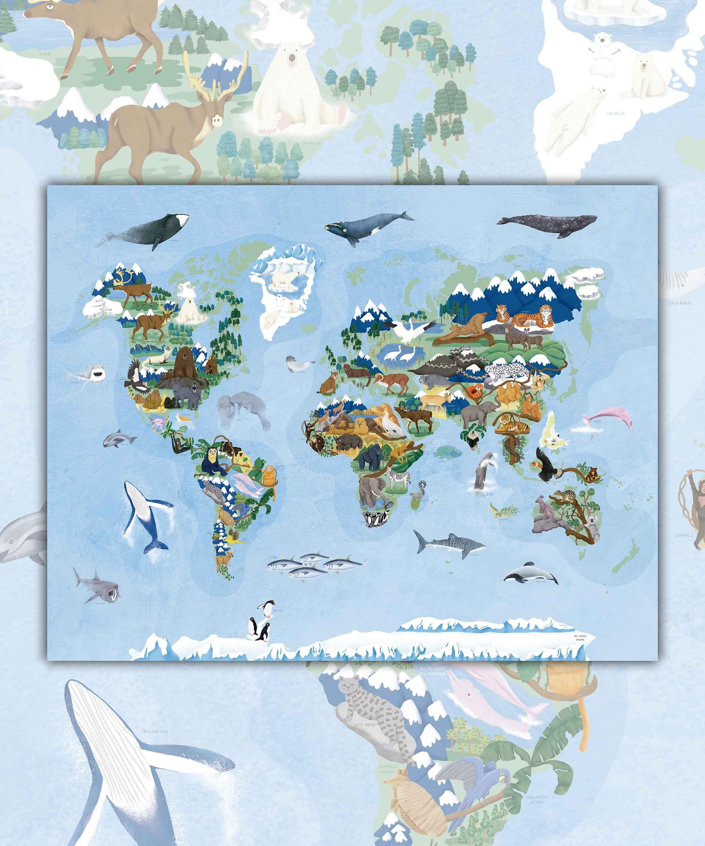 Mapa del Mundo de Animales en Peligro de Extinción - Lámina - Mappin