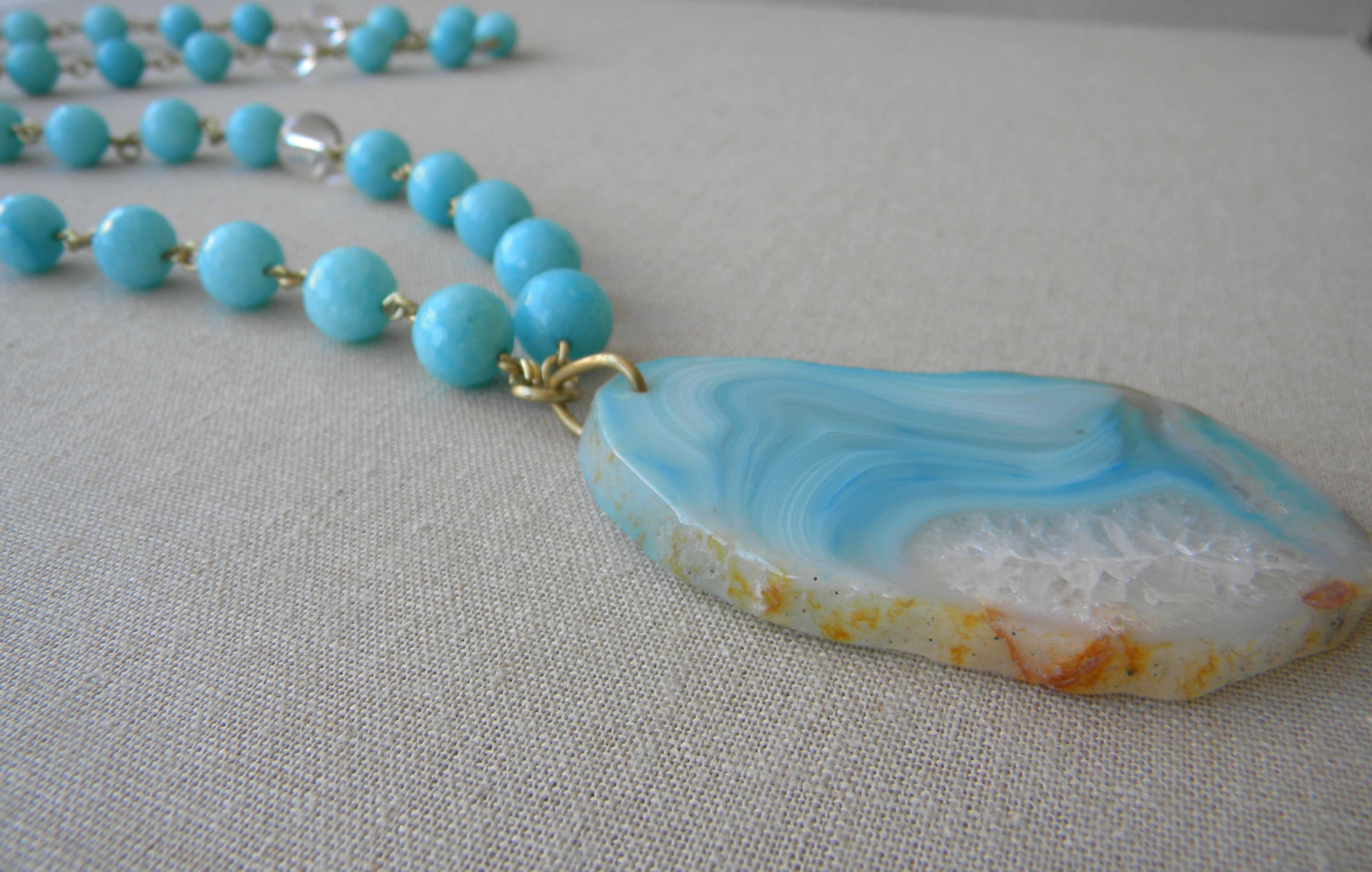 COLLAR LARGO ÁGATAS Y CUARZO CELESTE TURQUESA