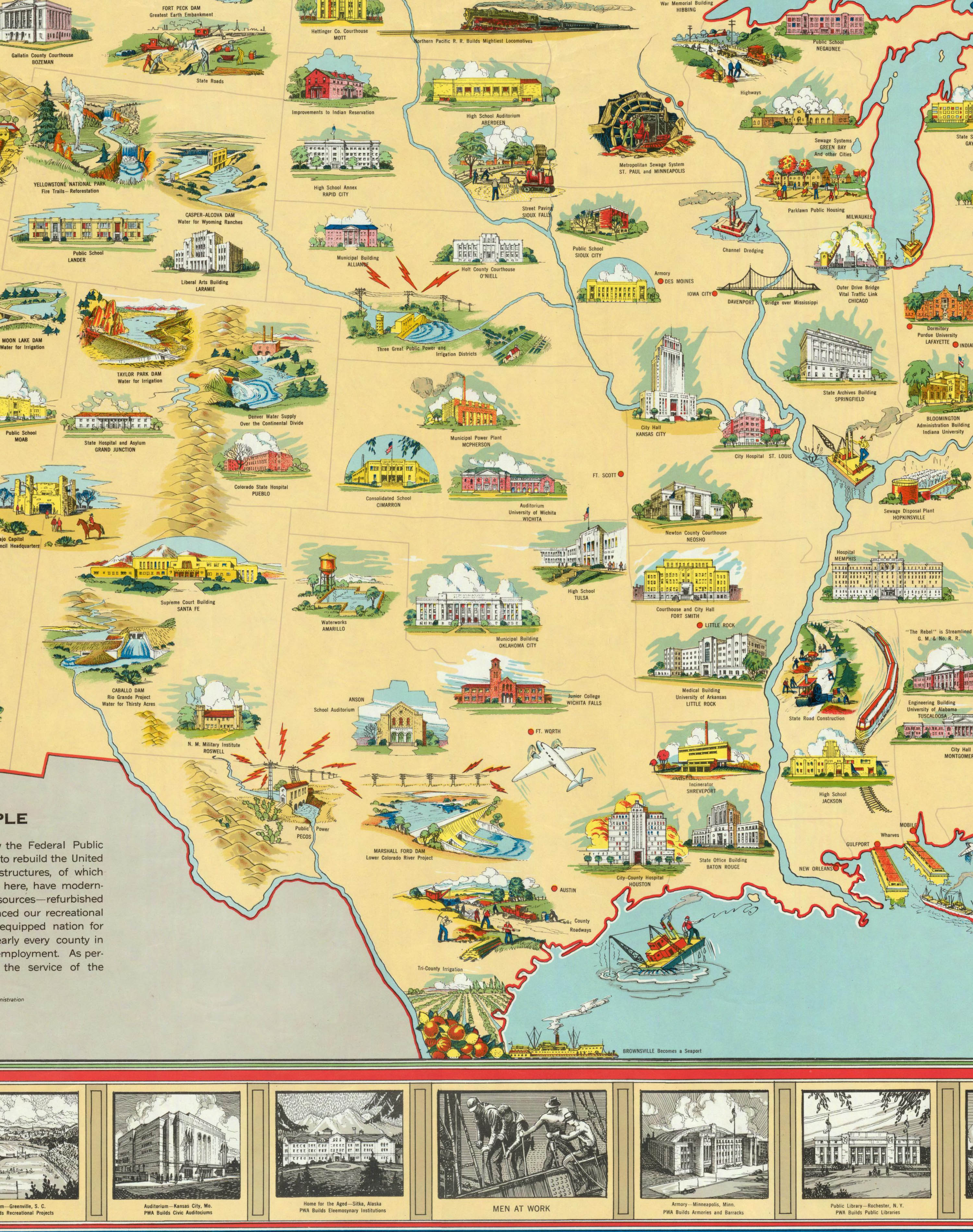 Mapa de Estados Unidos y sus Obras Públicas - Lámina