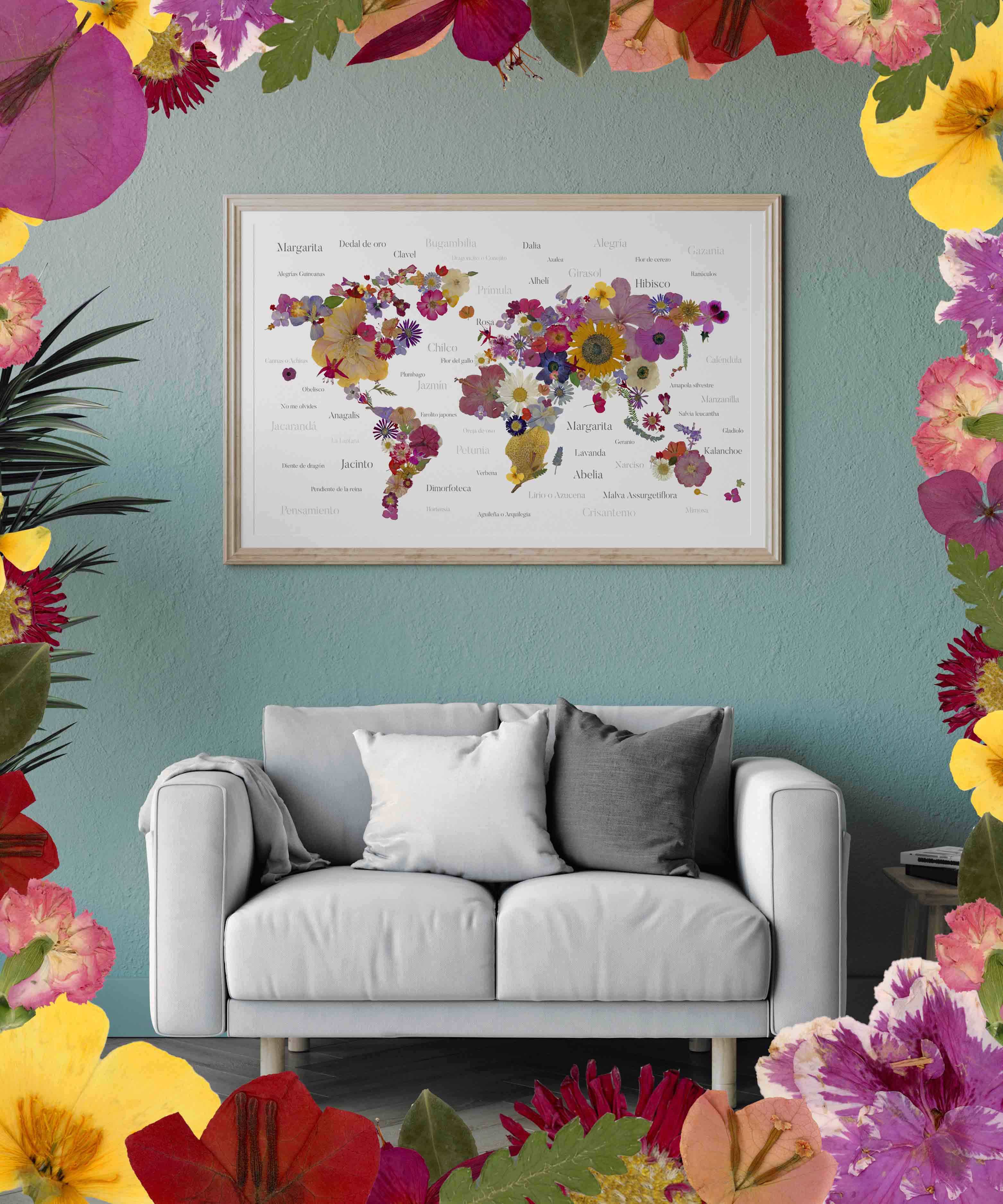Mapa del Mundo de Flores Prensadas - Enmarcado A PEDIDO