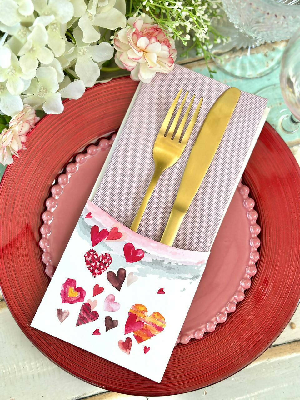 Porta Cubierto Corazones Acuarela