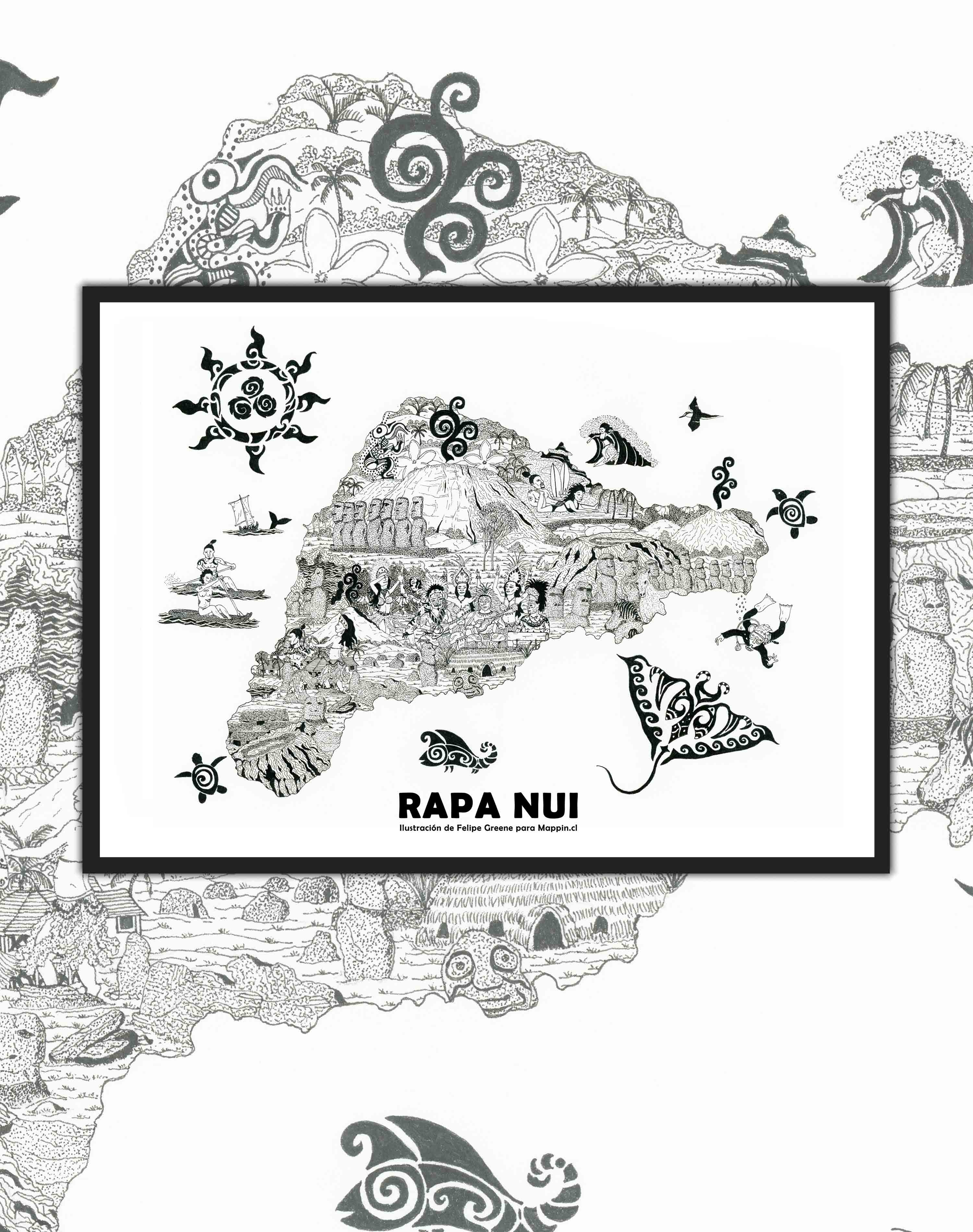Mapa de Rapa Nui Ilustrado - Enmarcado A PEDIDO