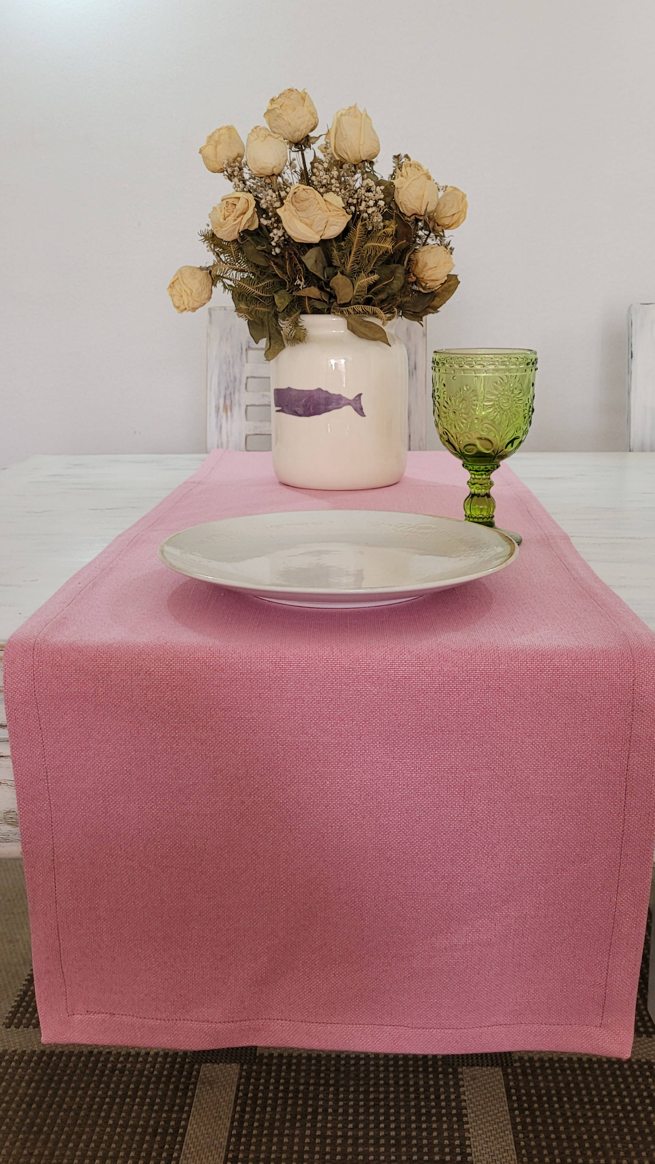 Camino de mesa de lino tono rosado pastel