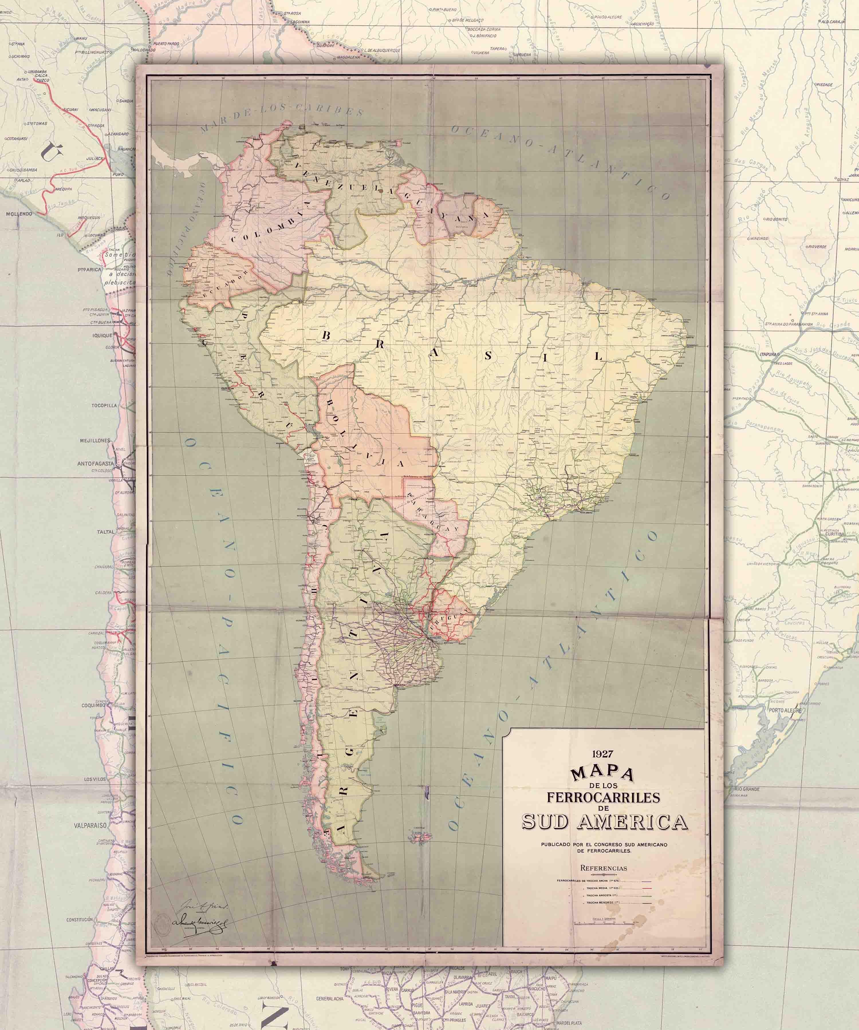 Mapa de Ferrocarriles de Sudamérica, 1927 - Lámina - Mappin