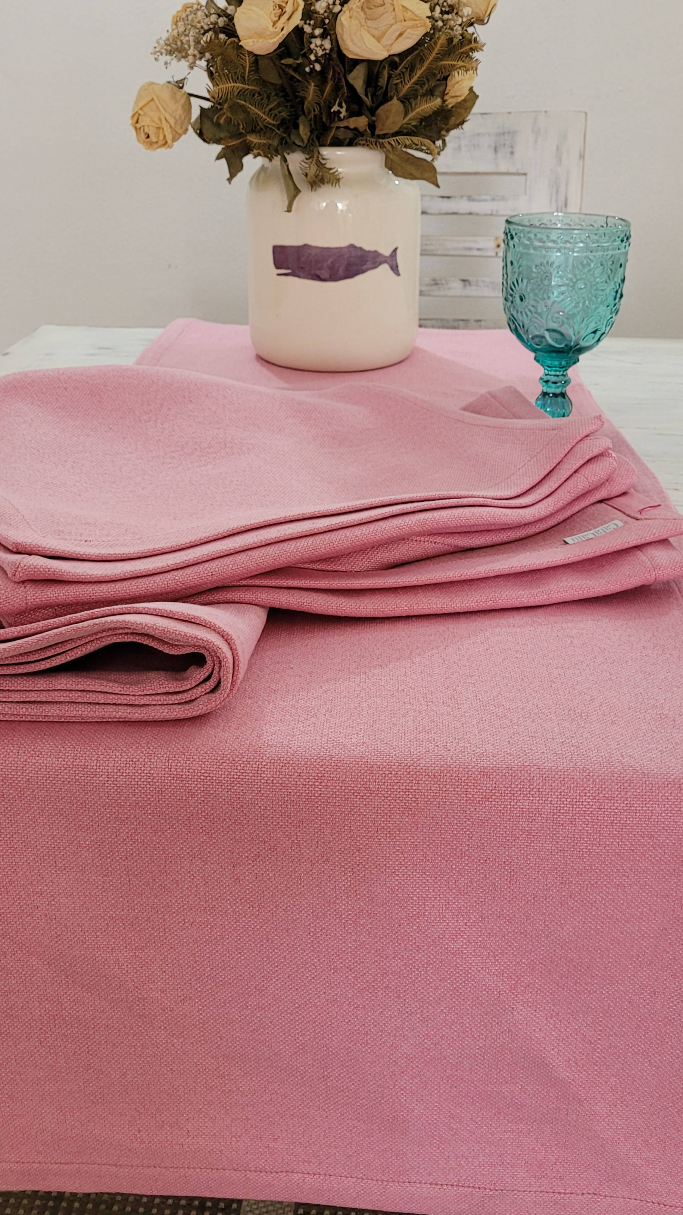 Camino de mesa de lino tono rosado pastel