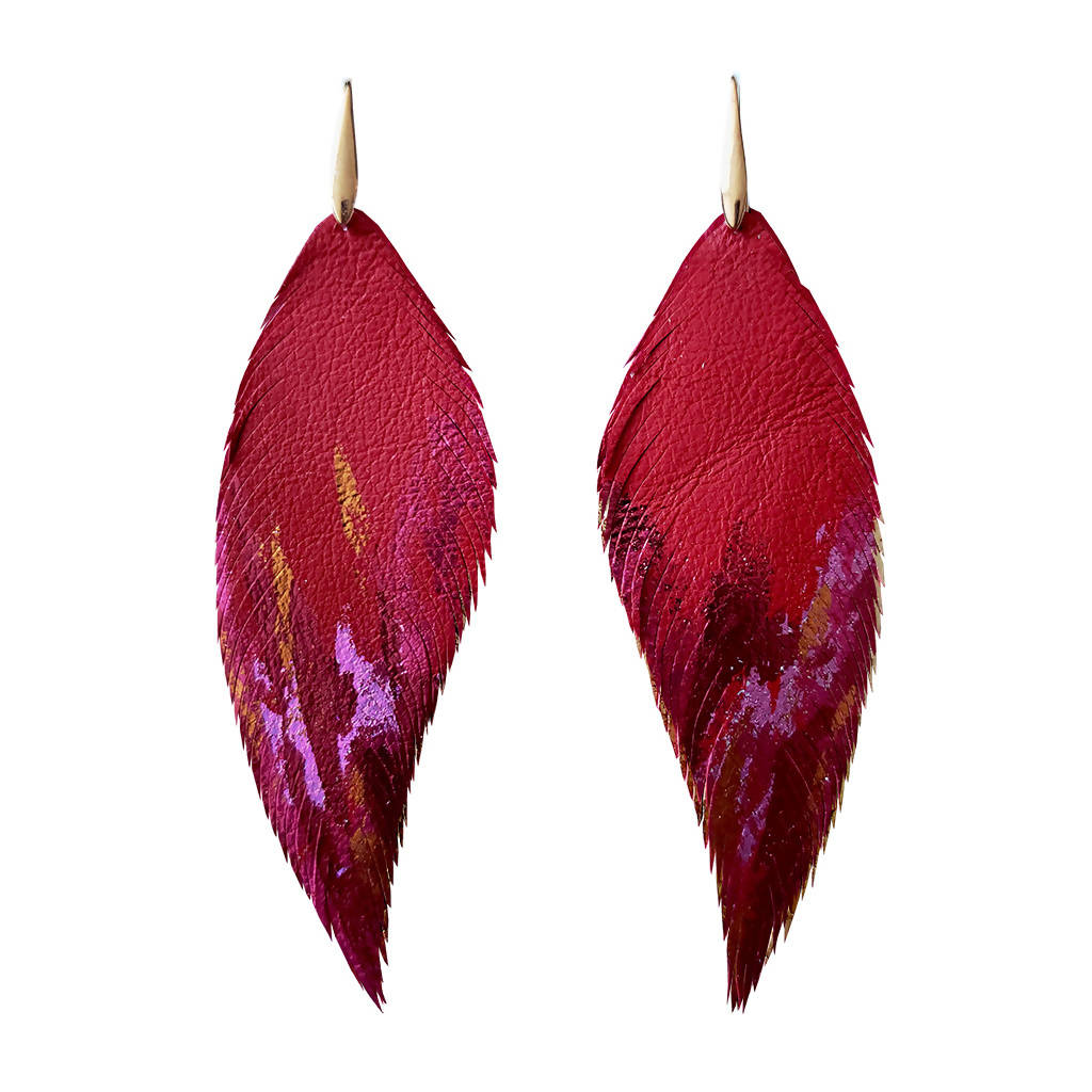 Aros Pluma Rojo y Fucsia