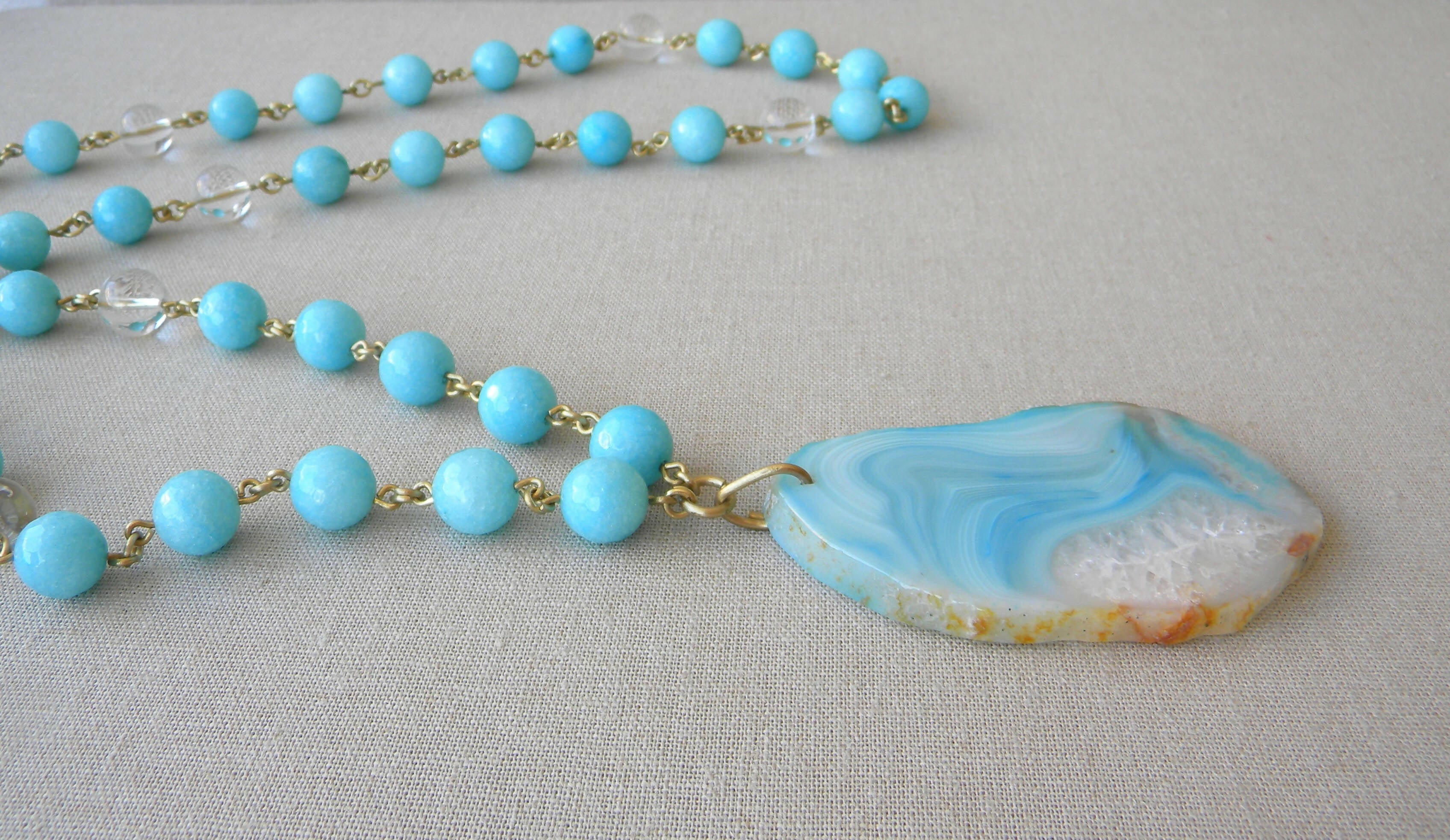 COLLAR LARGO ÁGATAS Y CUARZO CELESTE TURQUESA