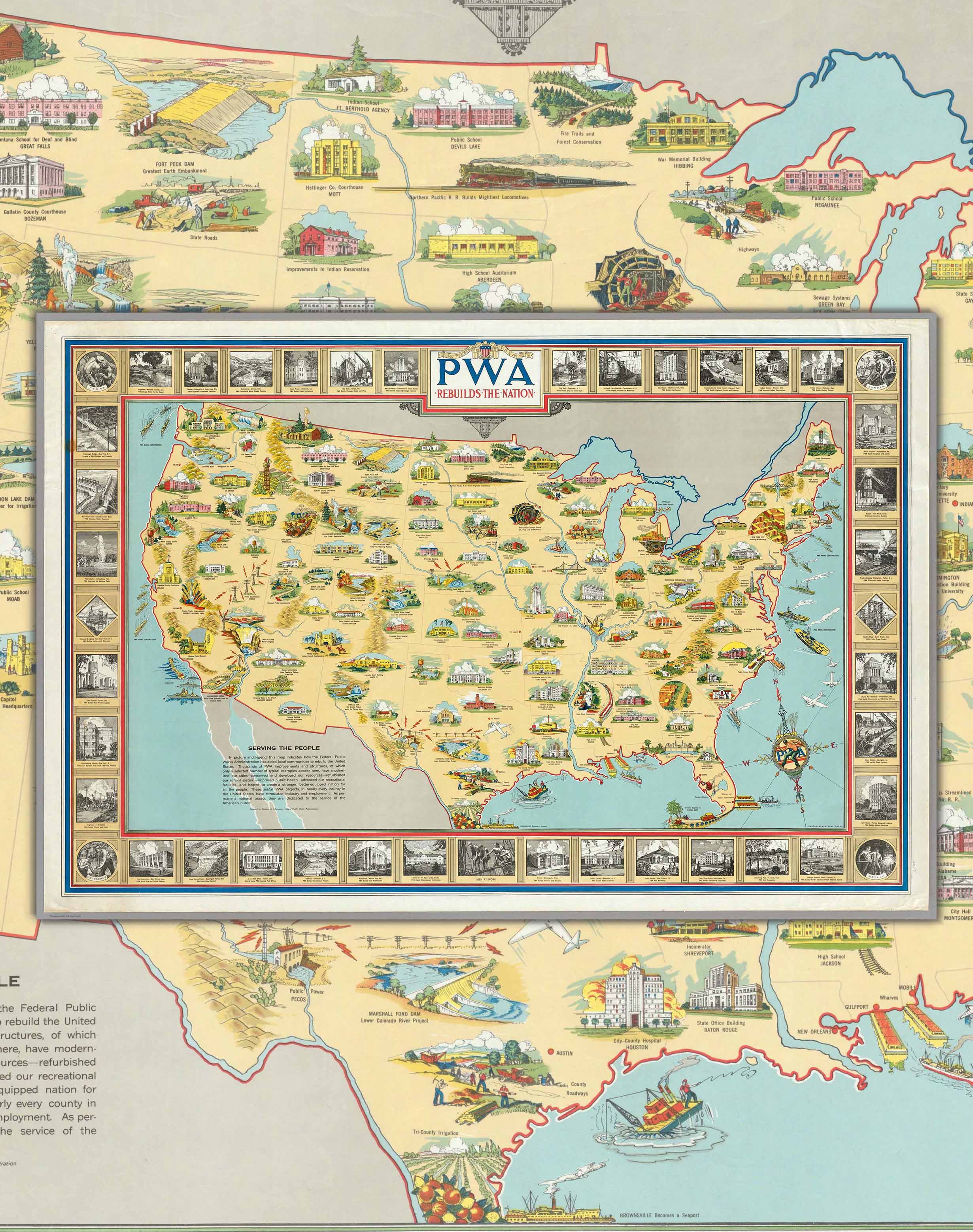 Mapa de Estados Unidos y sus Obras Públicas - Lámina