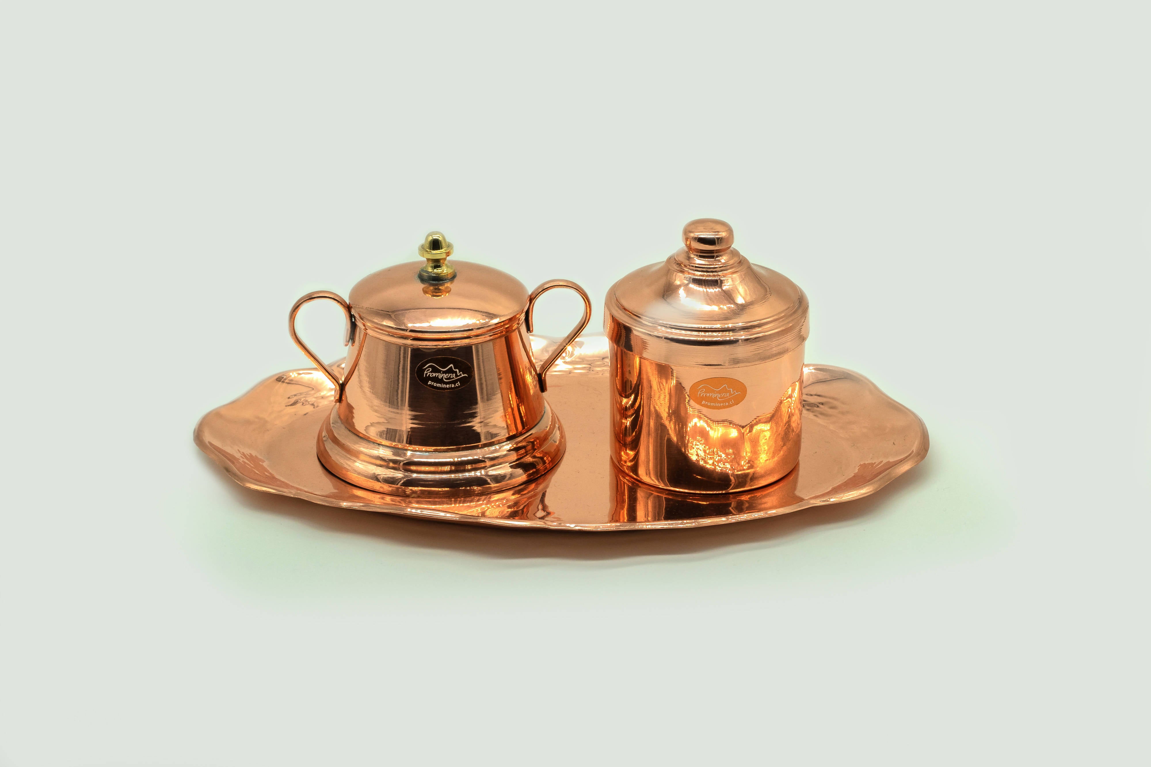 Set azucarero, portacafé y bandeja de cobre