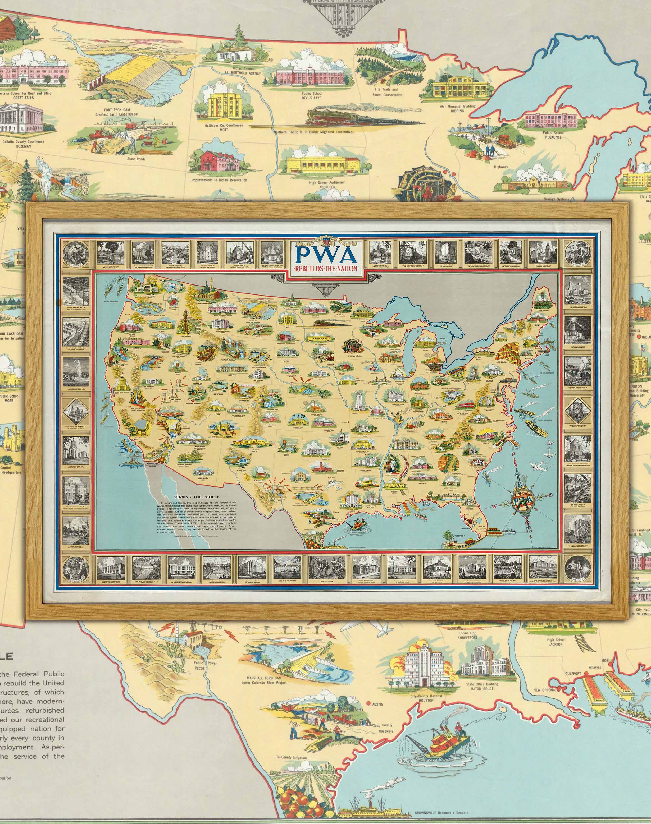 Mapa de Estados Unidos y sus Obras Públicas - Enmarcado A PEDIDO