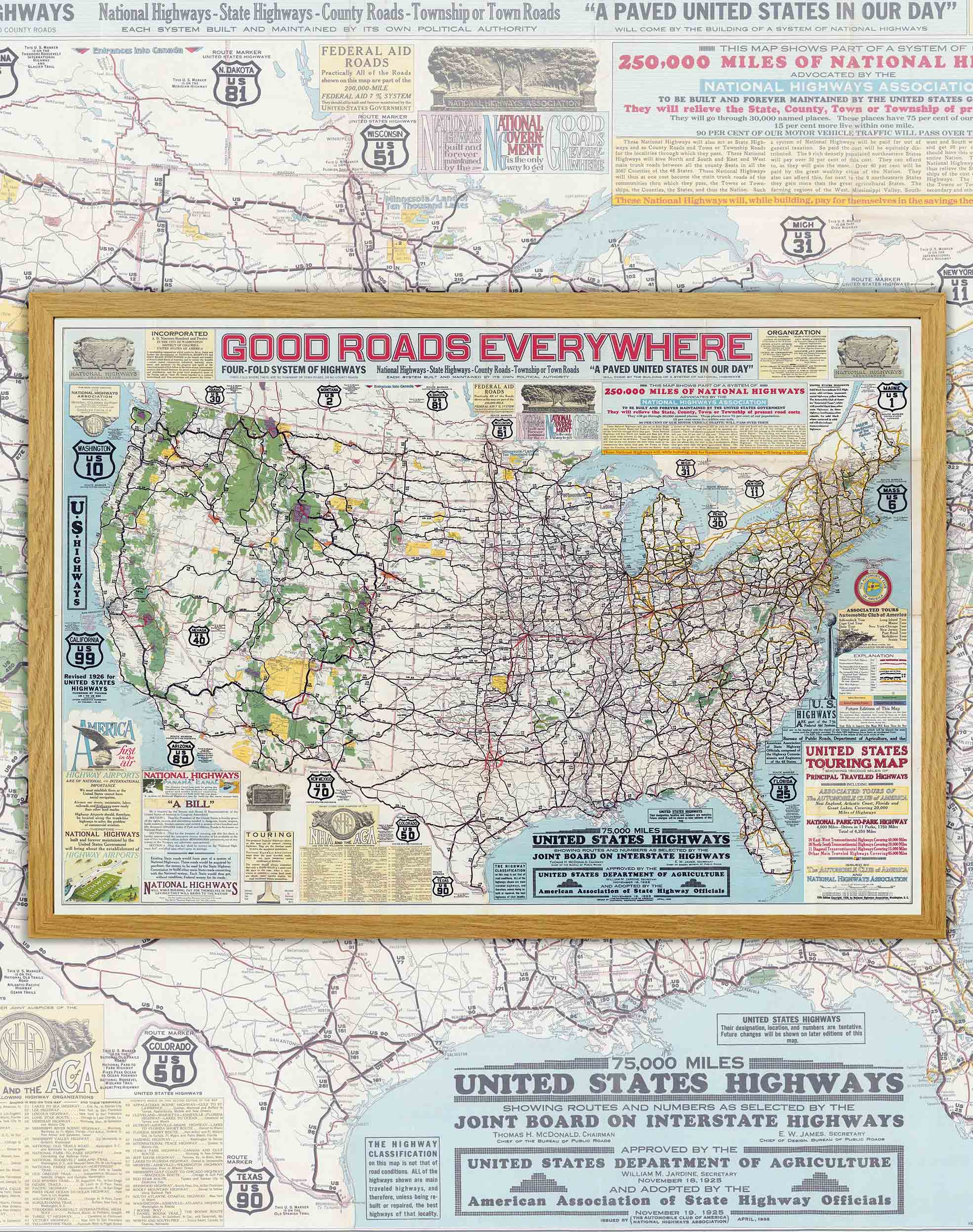 Mapa de Estados Unidos y sus Carreteras, 1926 - Enmarcado A PEDIDO