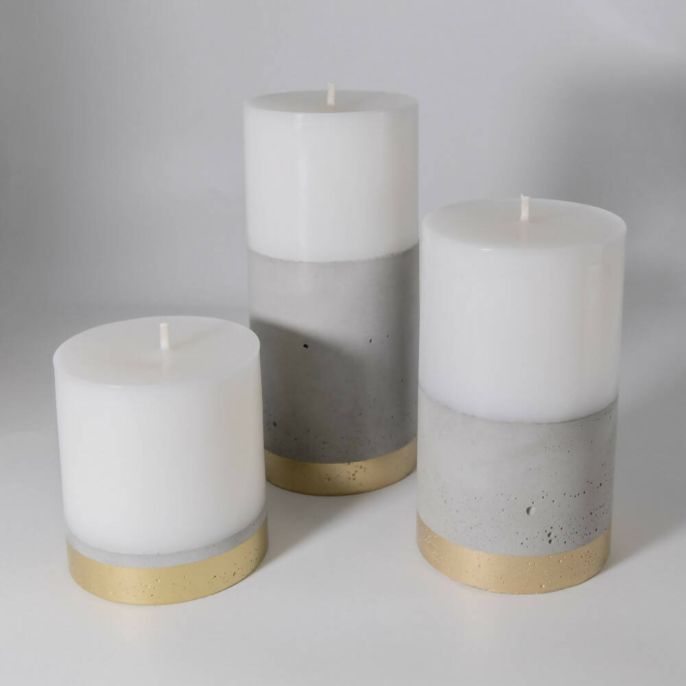 Pack 3 Velones con hormigón Línea Dorada (22cm, 17cm, 12cm) Küme